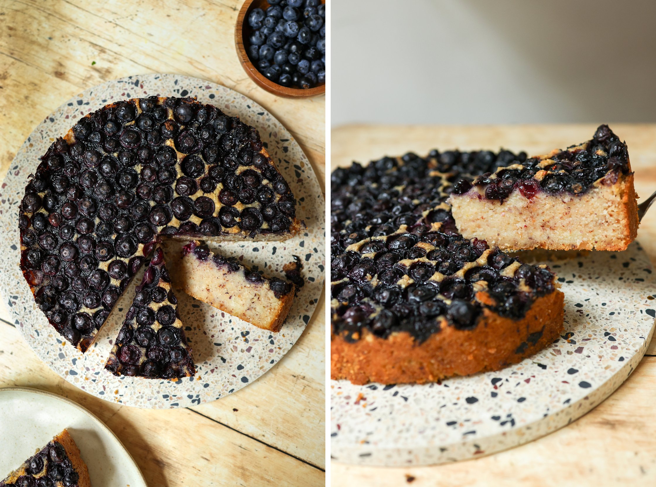 Vegan Semolina Cake with Blueberries cut into a piece after baking