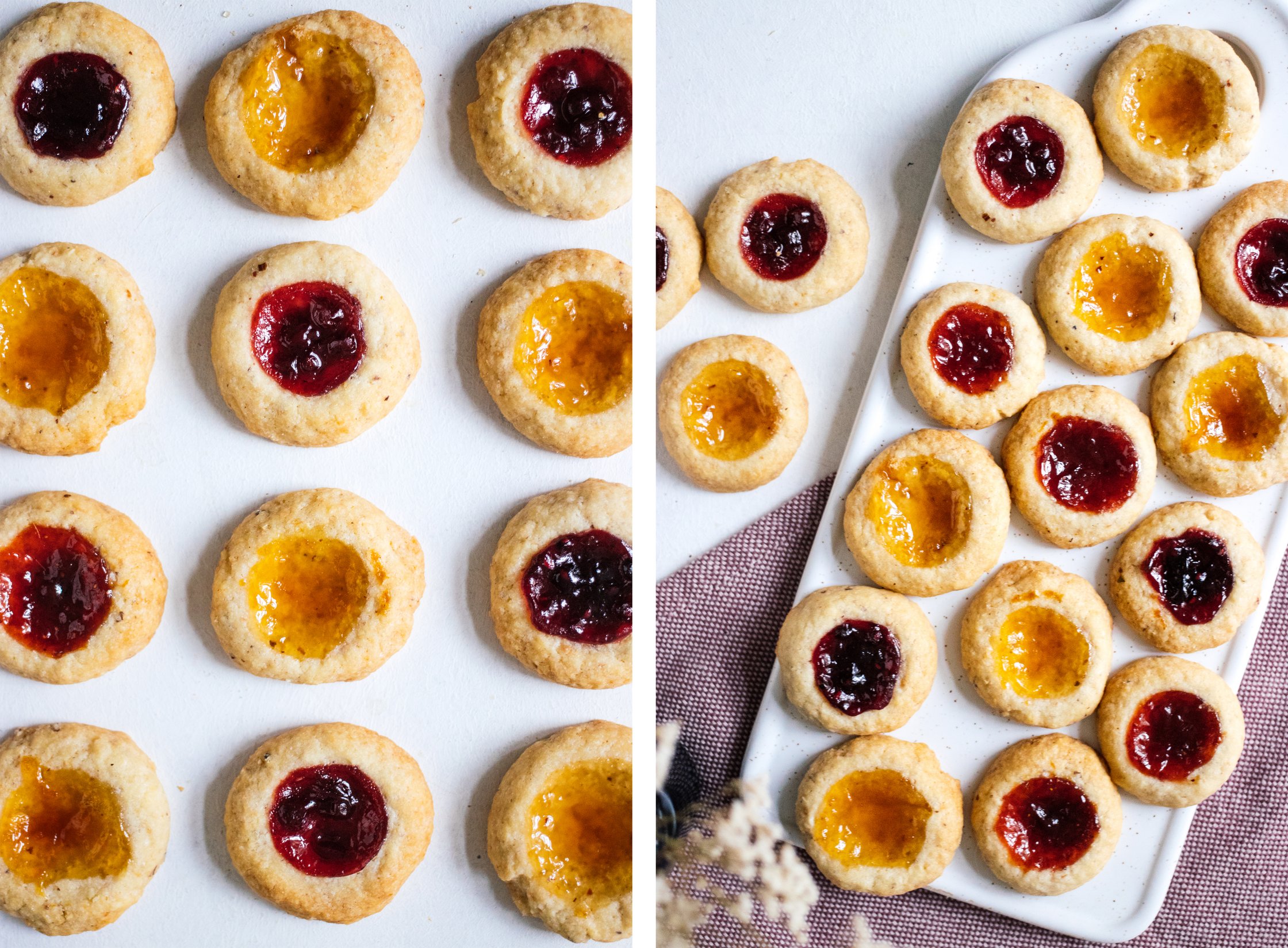 nahaufnahme von veganen husarenkrapfen mit unterschiedlicher füllung