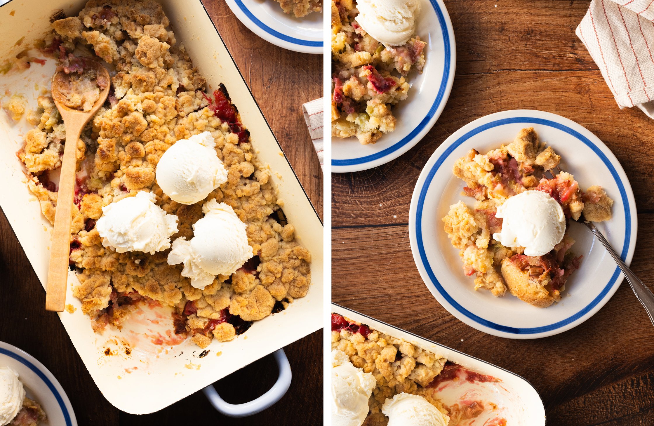 Auf diesen Bildern ist links der gebackene Crumble mit Vanilleeis abgebildet. Auf der rechten Seite wird der Crumble mit Eis