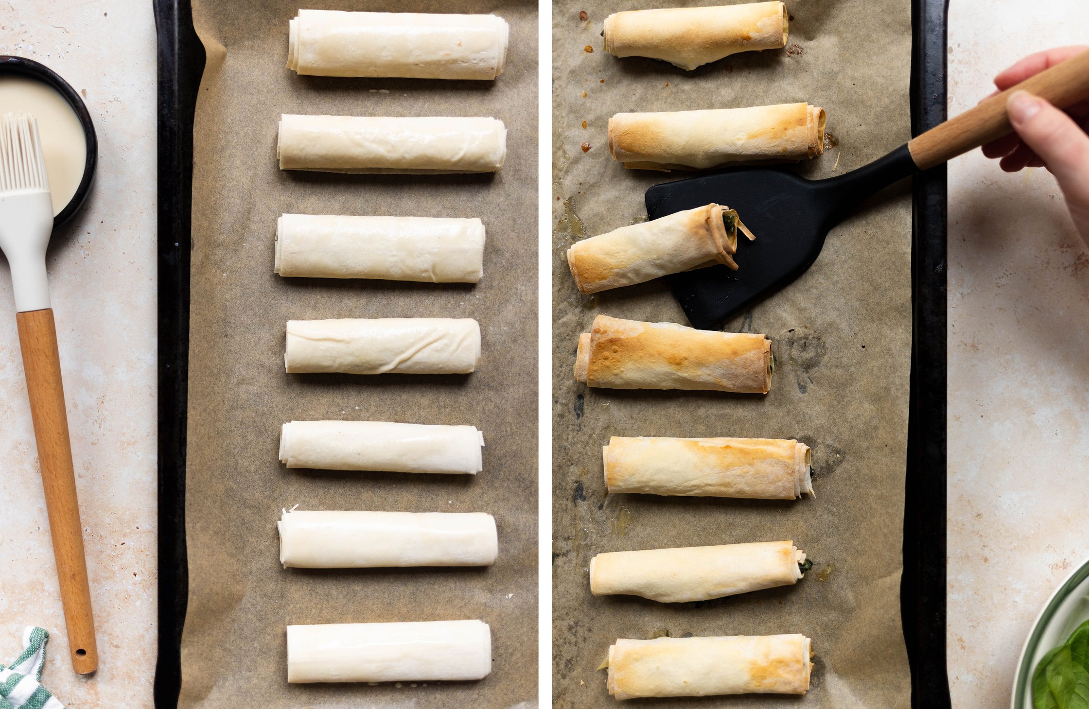 Zigarrenbörek vor und nach dem Backen
