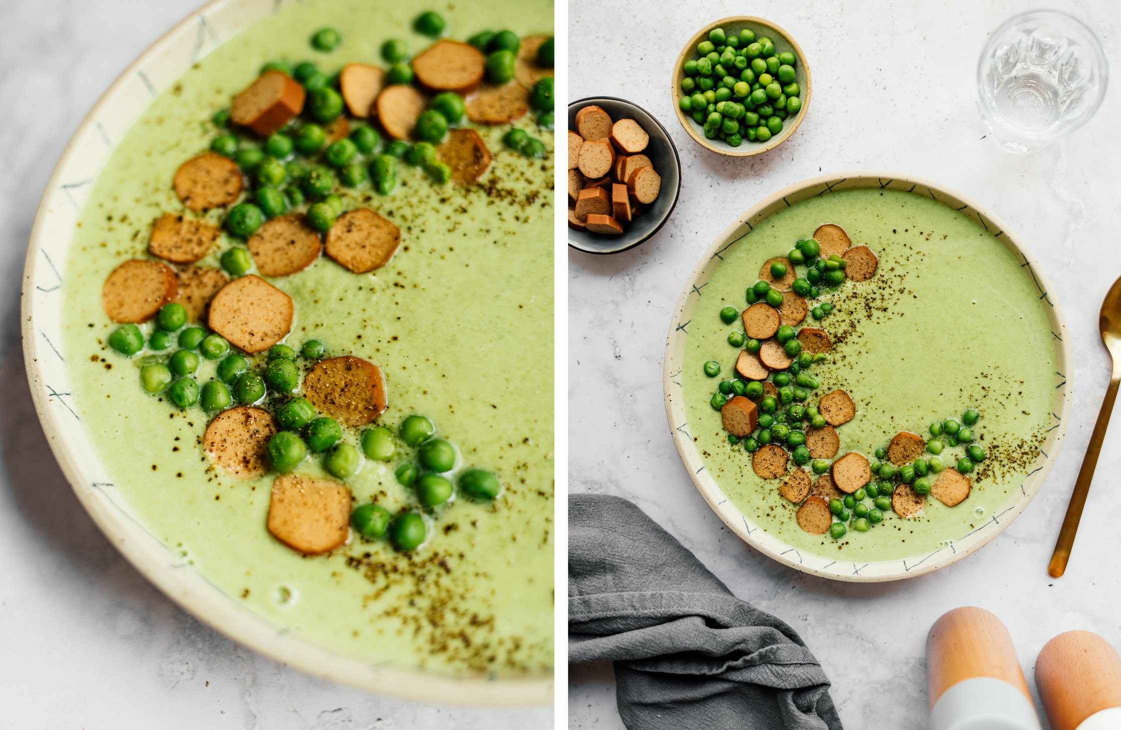 vegane Erbsensuppe mit Würstchen angerichtet in einer Schüssel