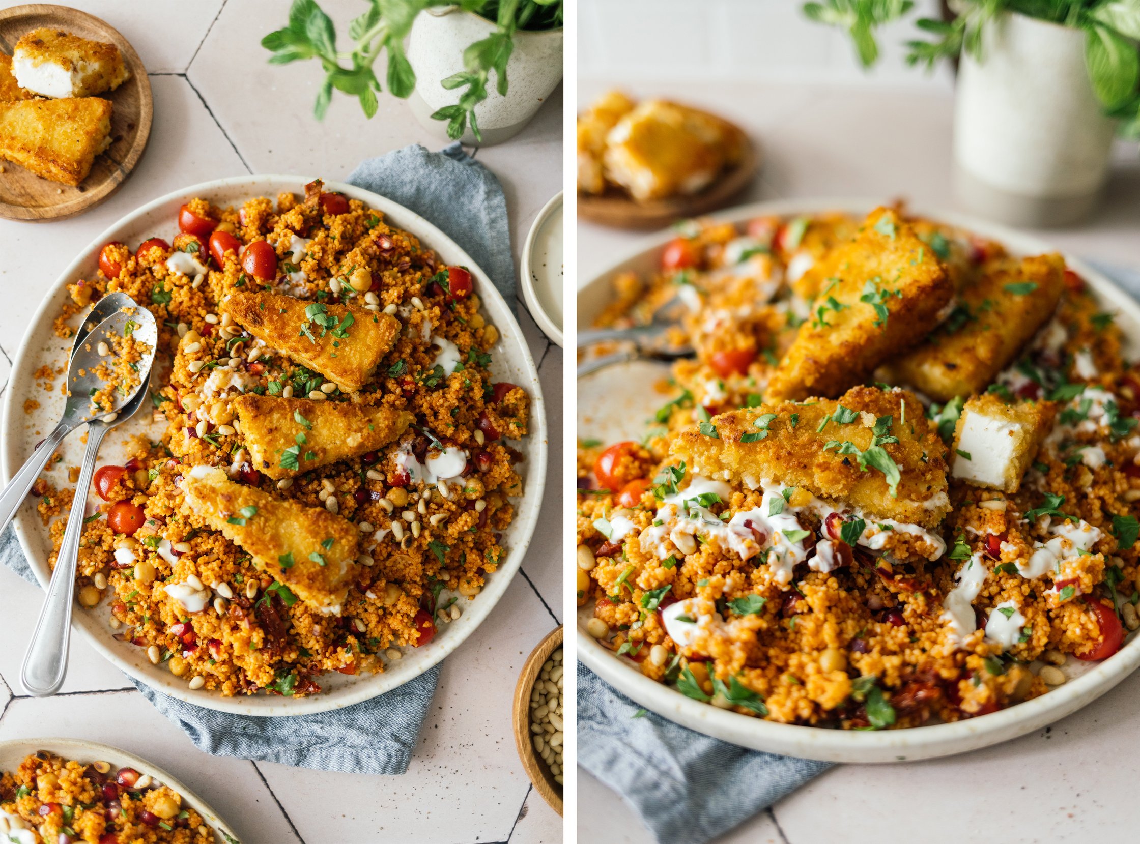 Couscous Salad with Crispy Plant-Based Feta Cheese