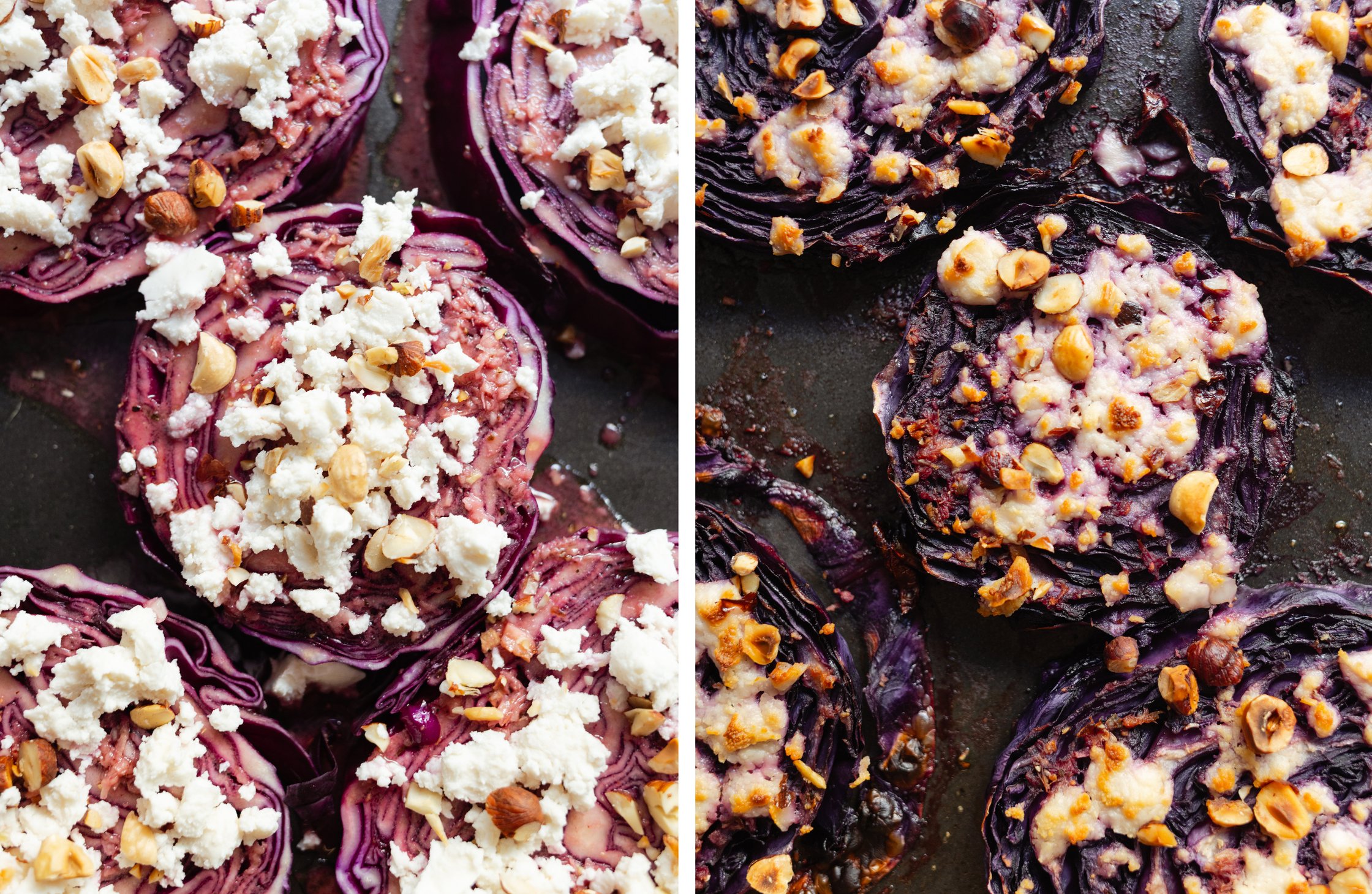 red cabbage steaks before and after baking