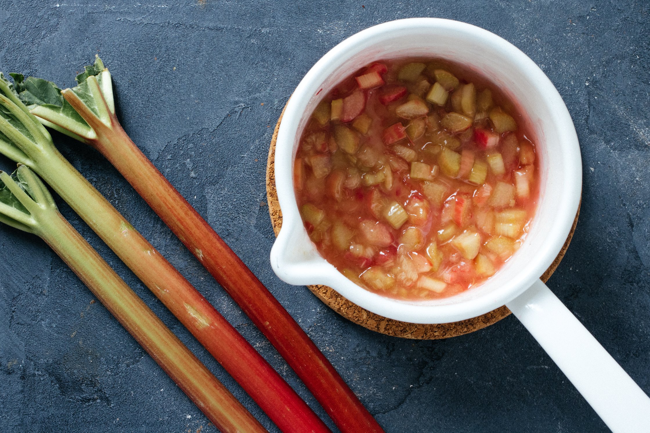 rhubarb compote in a white pot