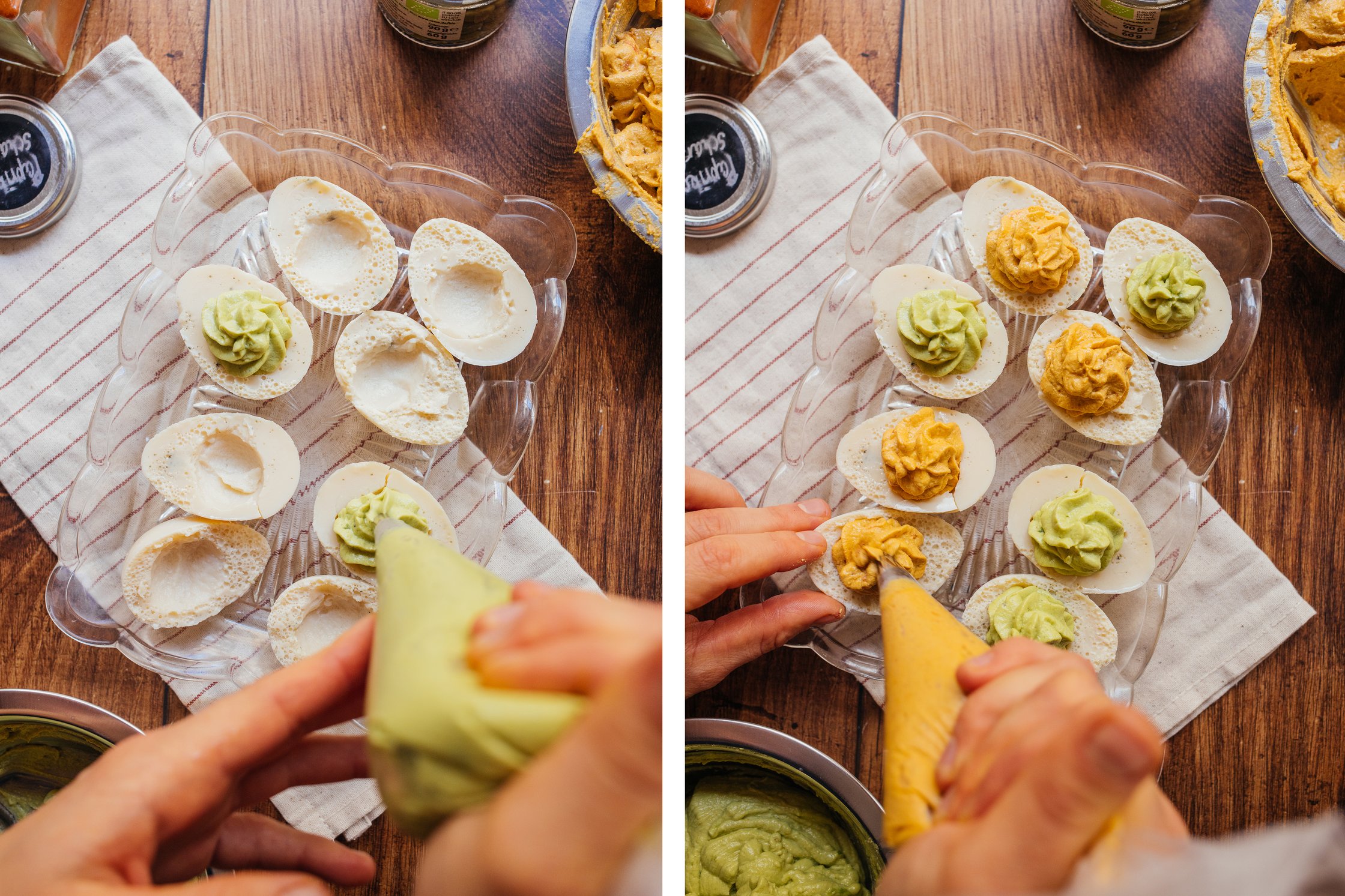 adding the stuffing to the eggs