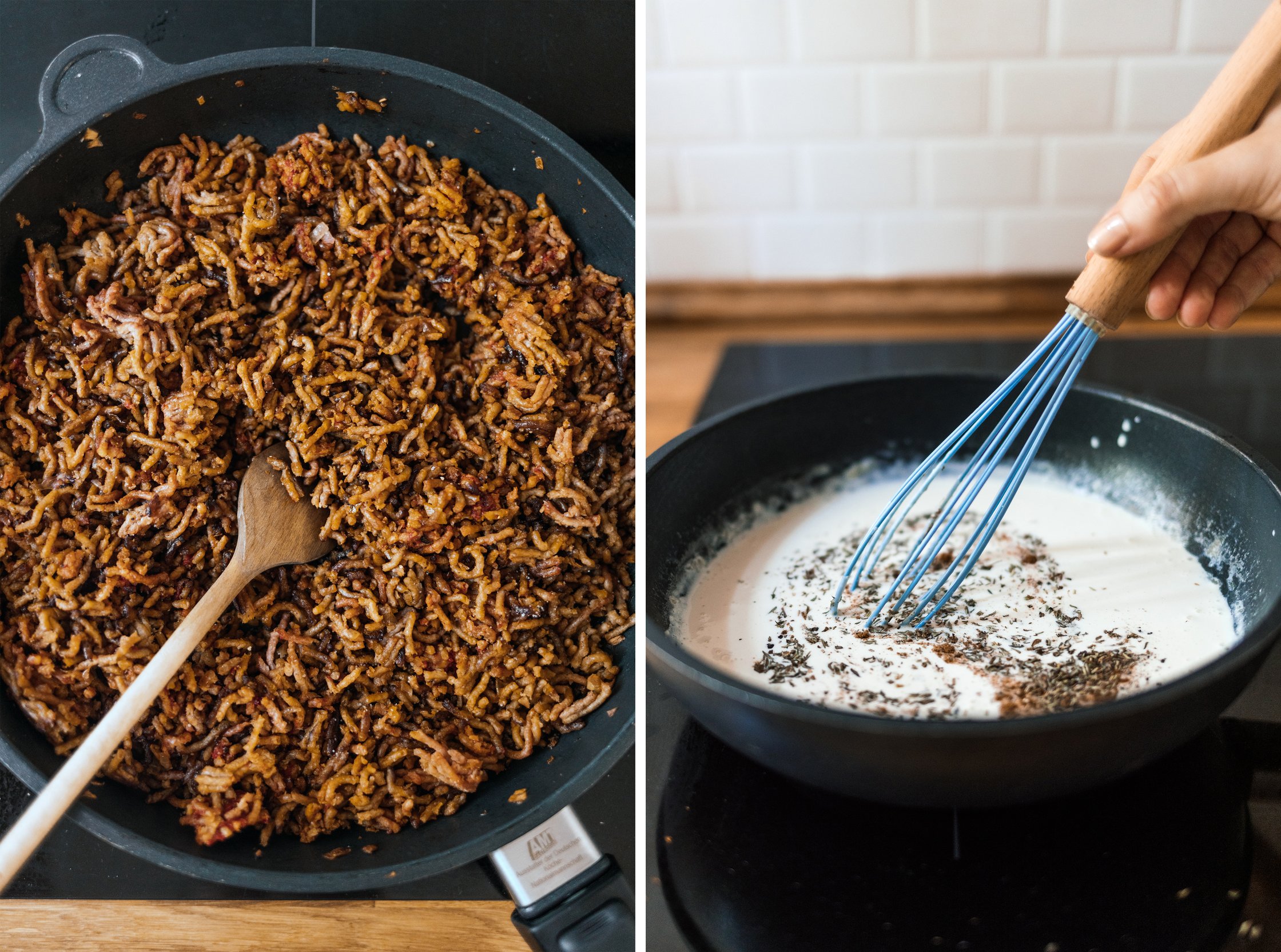 veganes hackfleisch in der pfanne anbraten für veganen kartoffel-hack-auflauf