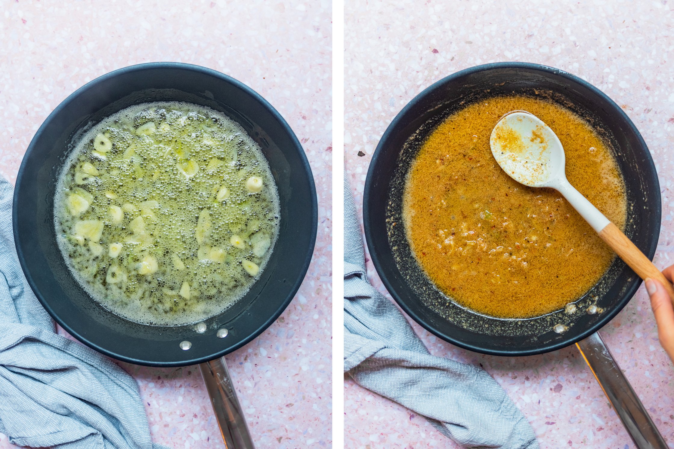 Eine Pfanne mit geschmolzener veganer Butter und daneben eine Pfanne mit veganer brauner Buttersauce vor einem hellen Hinterg