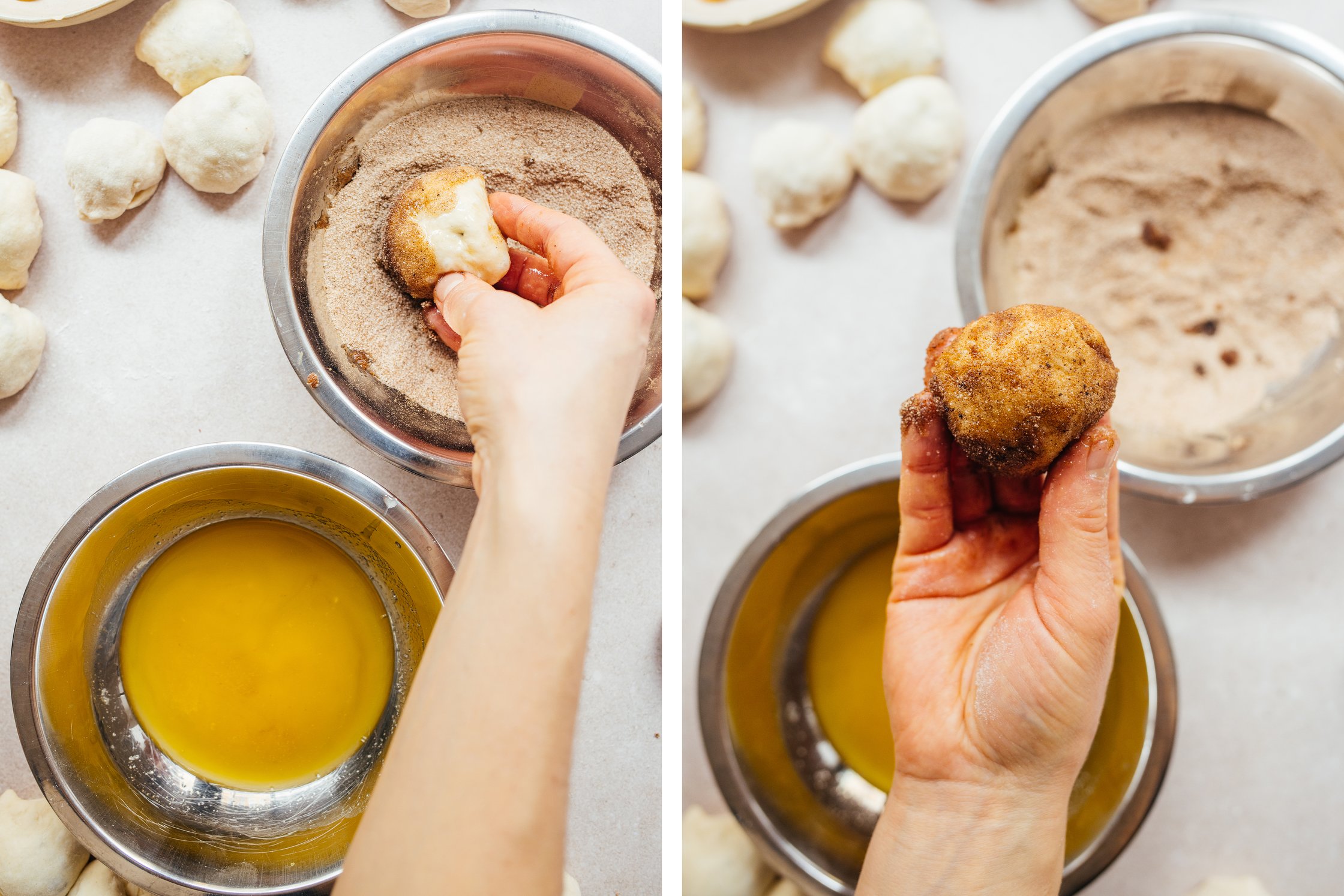 veganes Monkeybread wird in Zucker und Zimt gewälzt