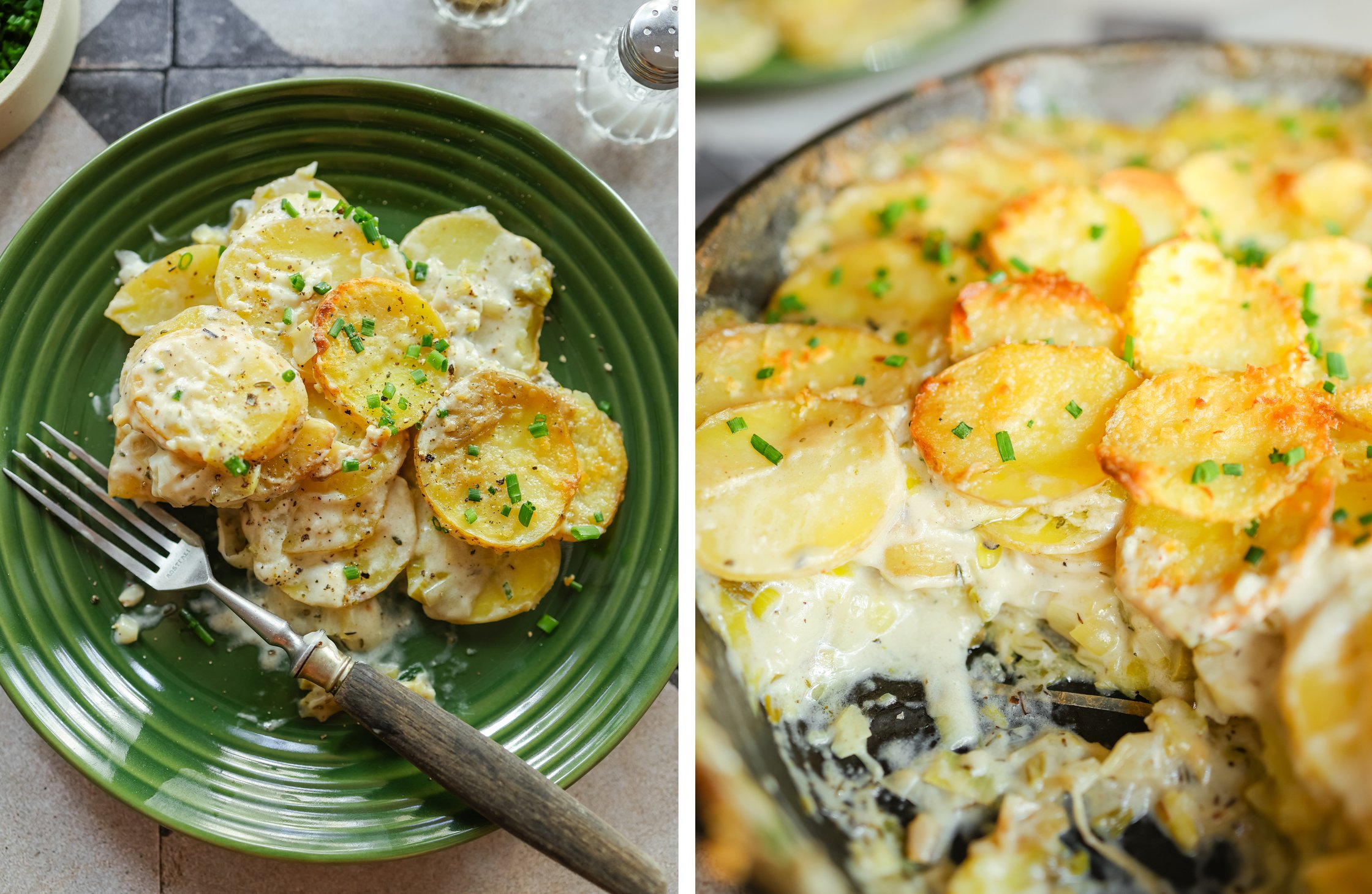 potato and leek bake on a plate; close-up of potato bake