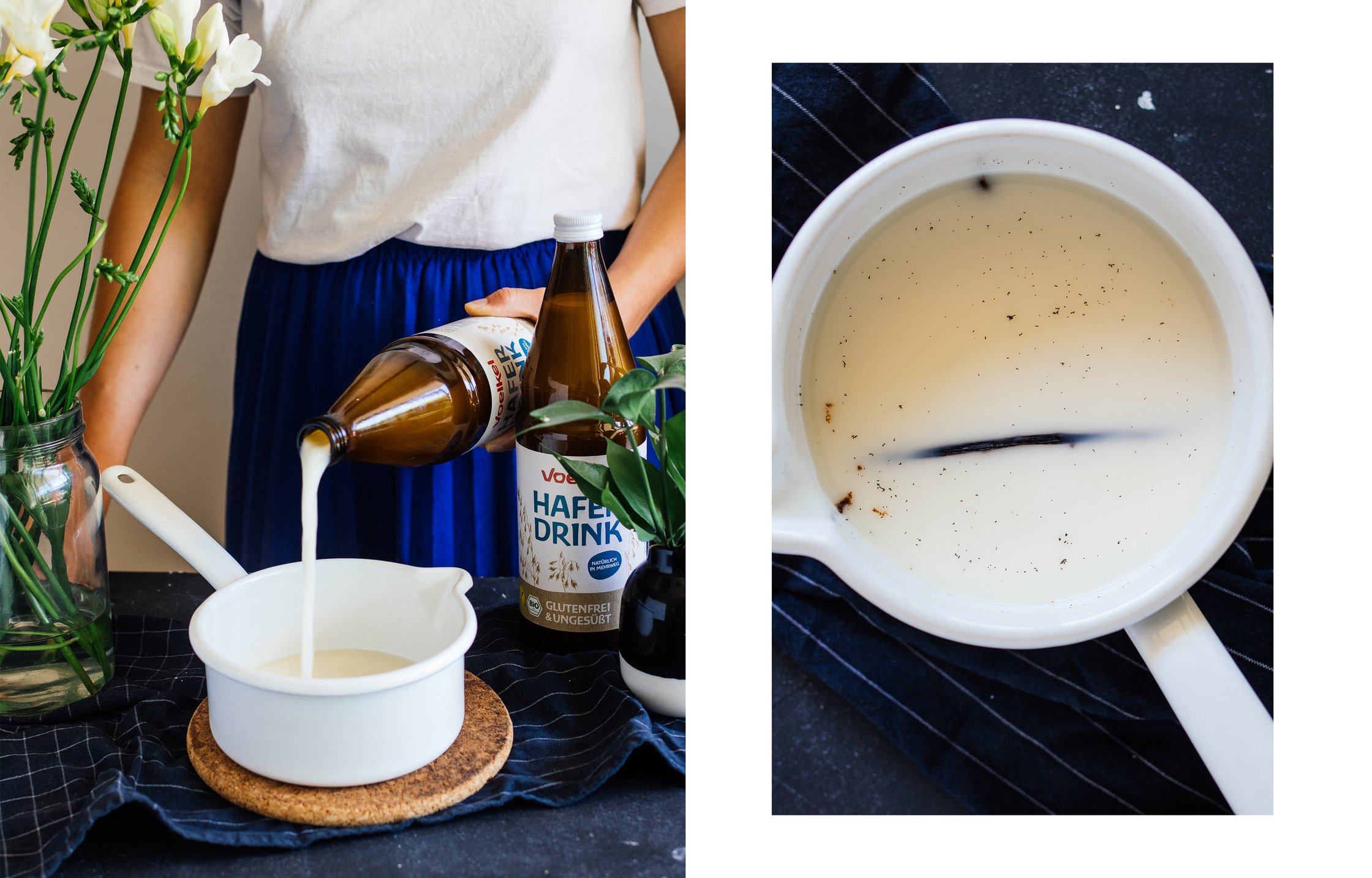 veganer Vanille-Pudding wird gekocht für Pastel de Nata