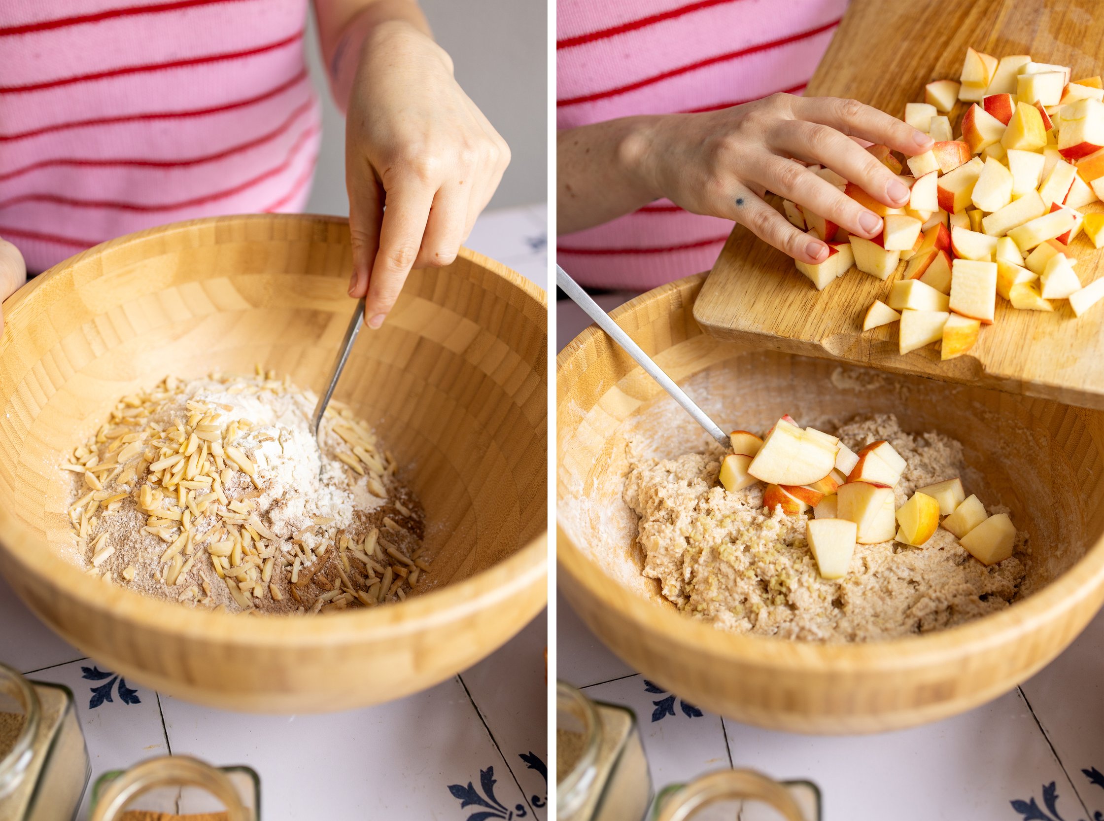 mixing batter for Vegan Sheetpan Apple Bites