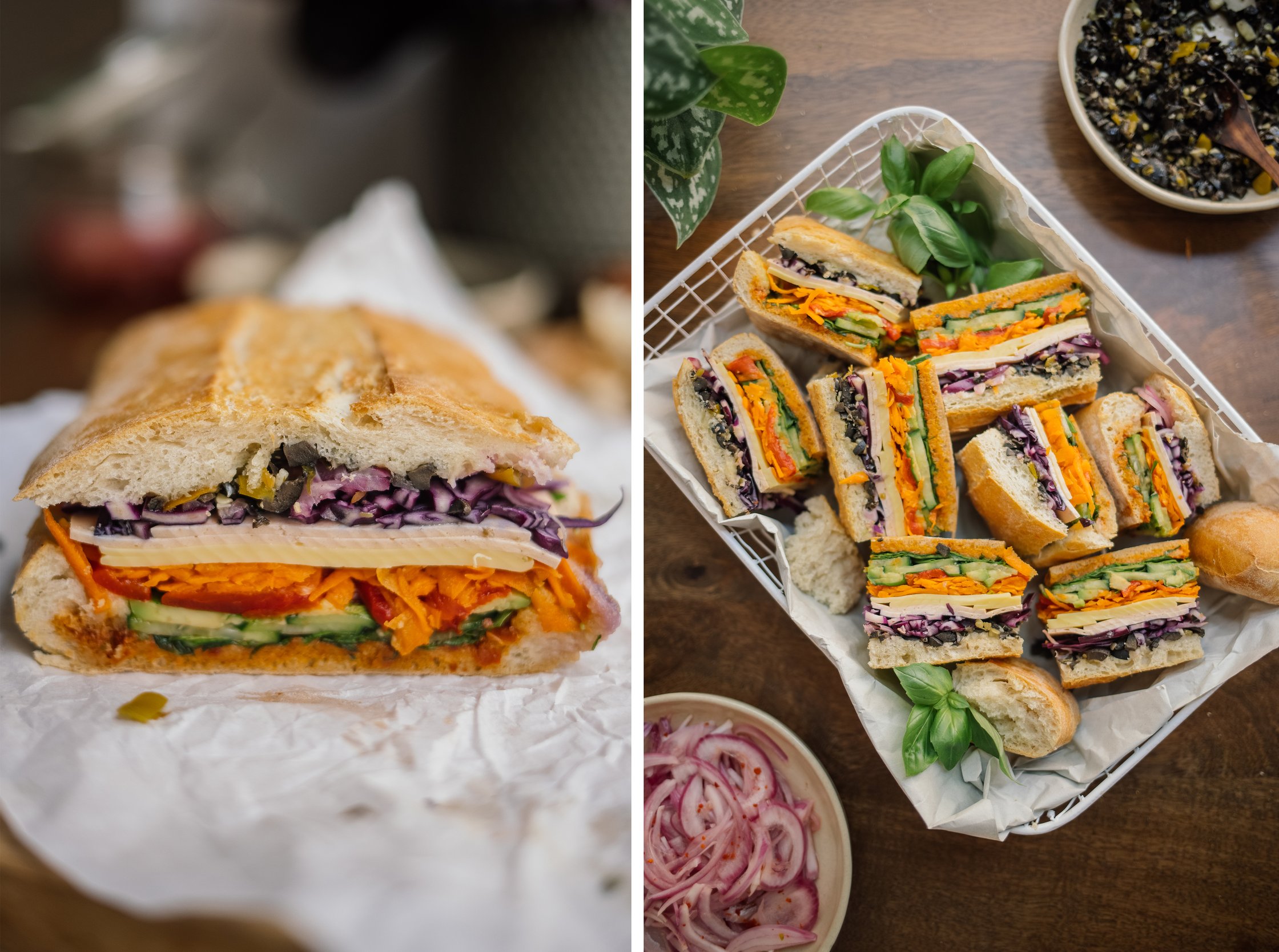 vegan muffuletta sandwich cut open