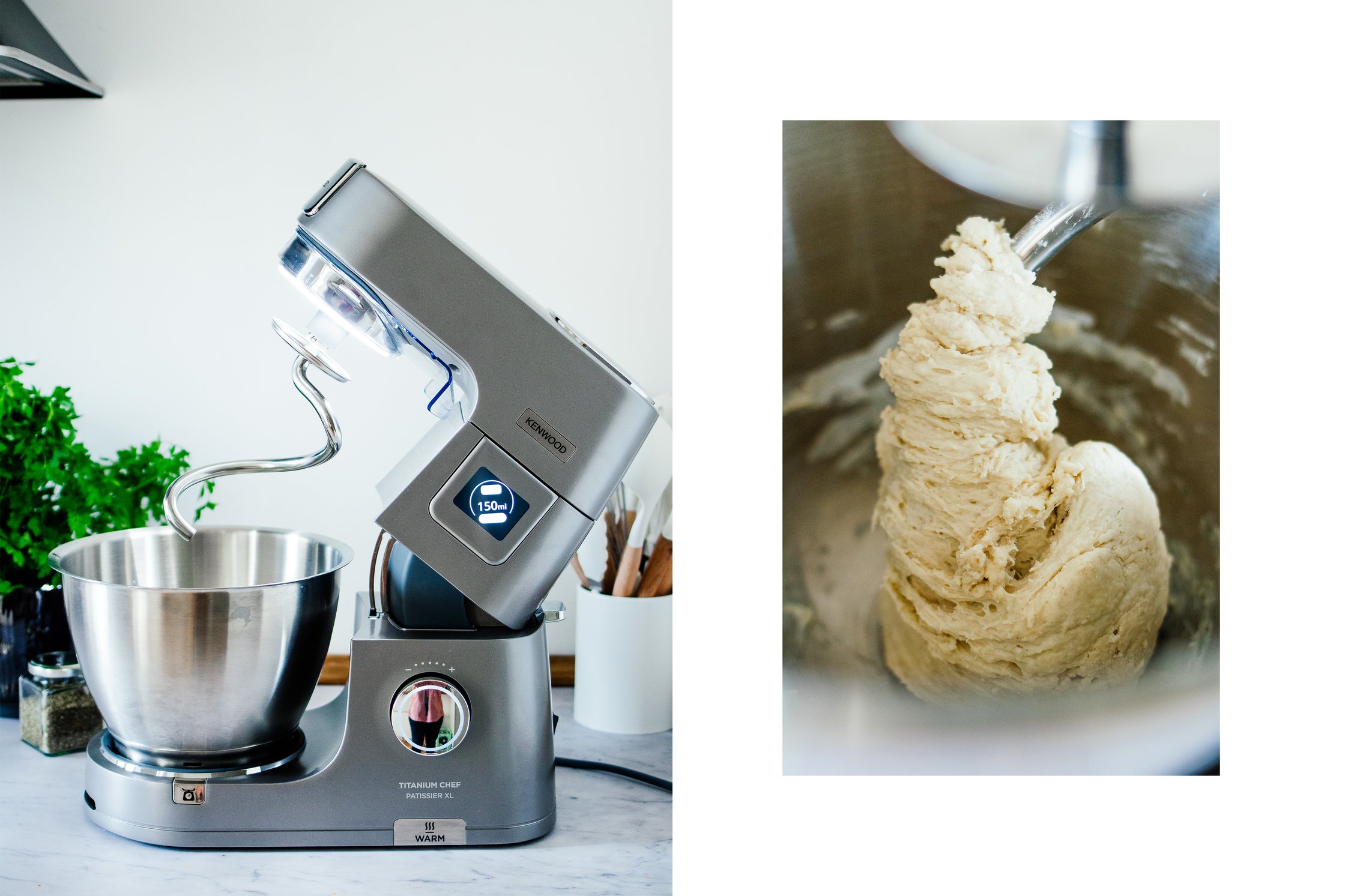 veganer Hefeteig wird in einer Küchenmaschine geknetet