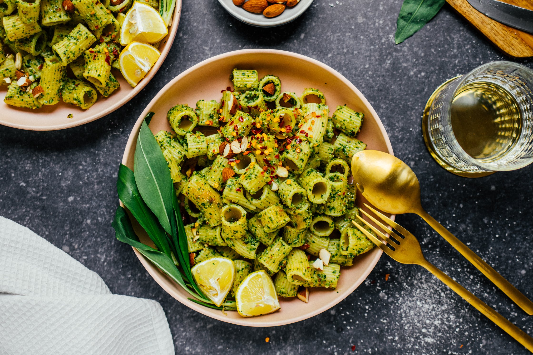 Plate of pasta with vegan wild garlic pesto