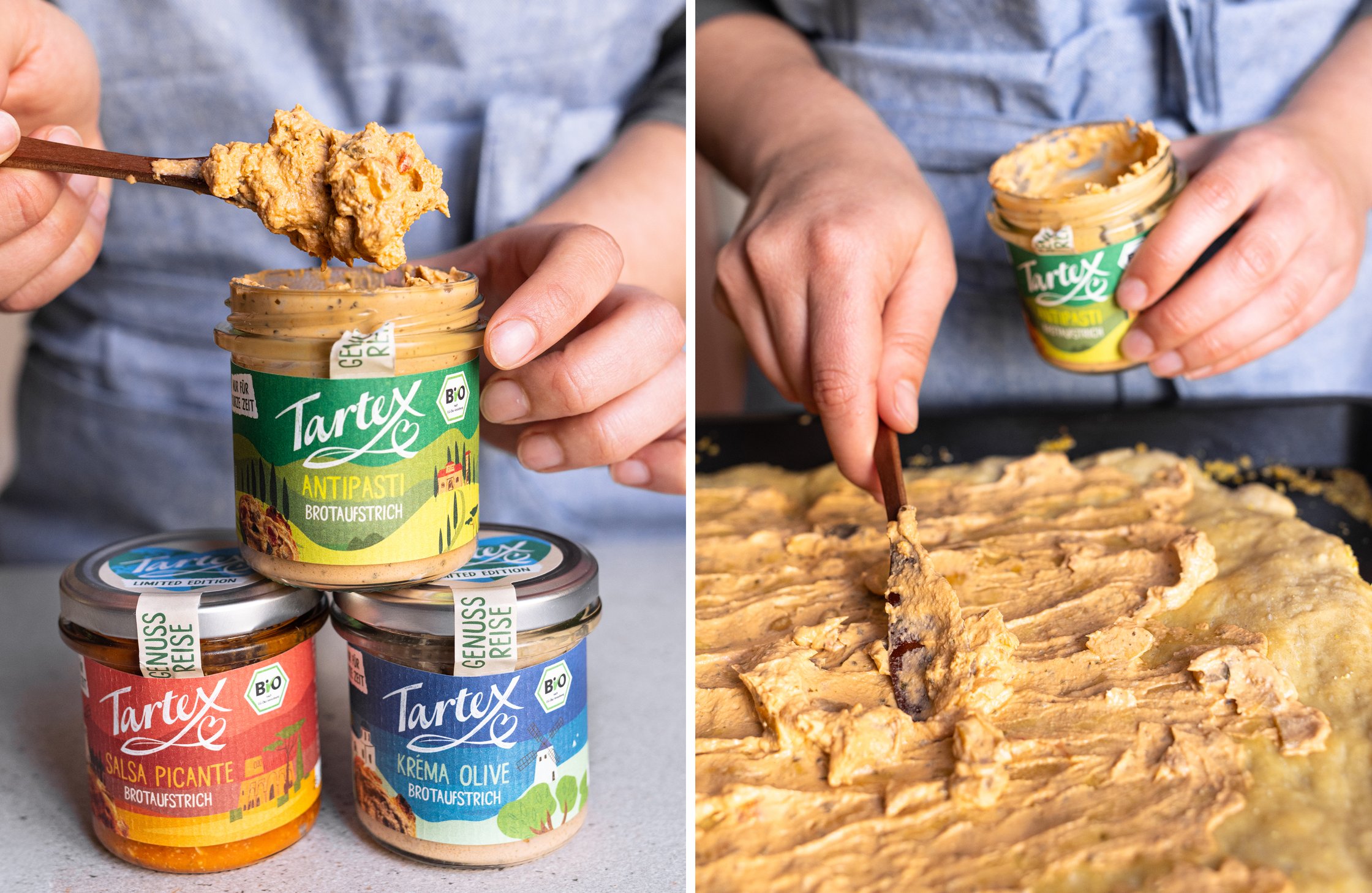 On the left side is a close-up of the tartest spread. on the right side the spread is put on the dough.