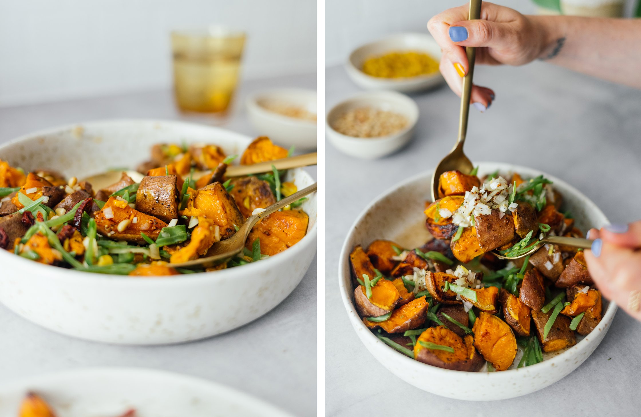 gebackener Süßkartoffelsalat mit Sesam-Vinaigrette in einer Schüssel