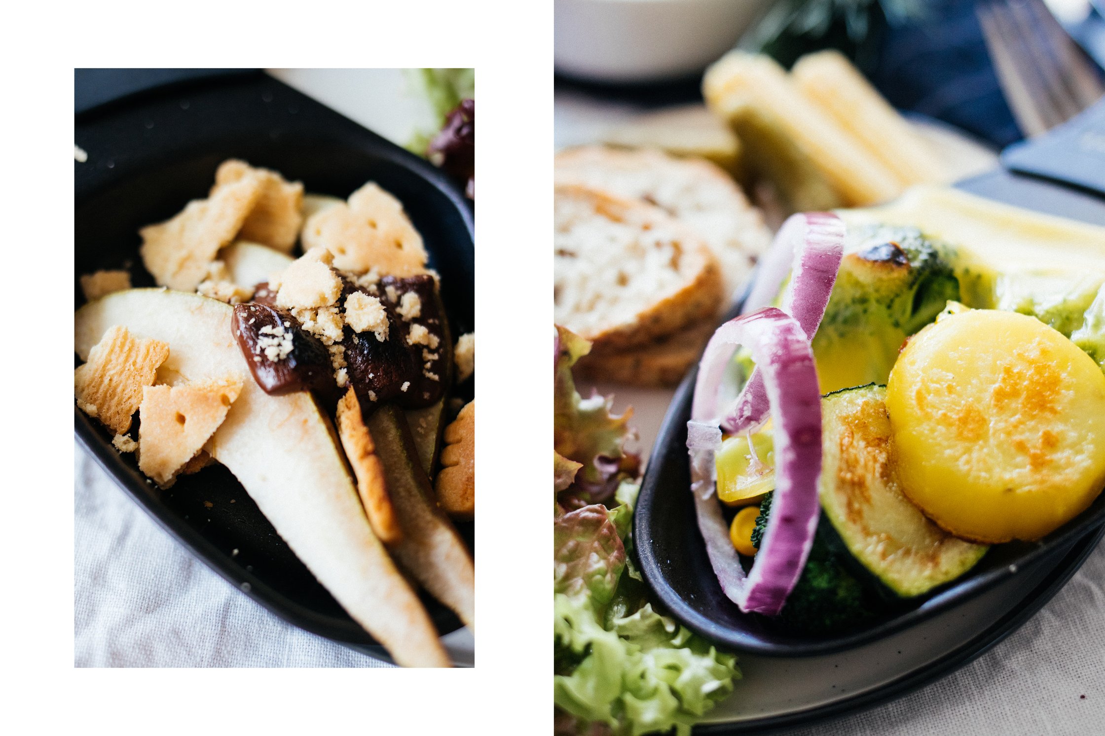 two raclette pans filled with chocolate and fruits, and cheese and veggies