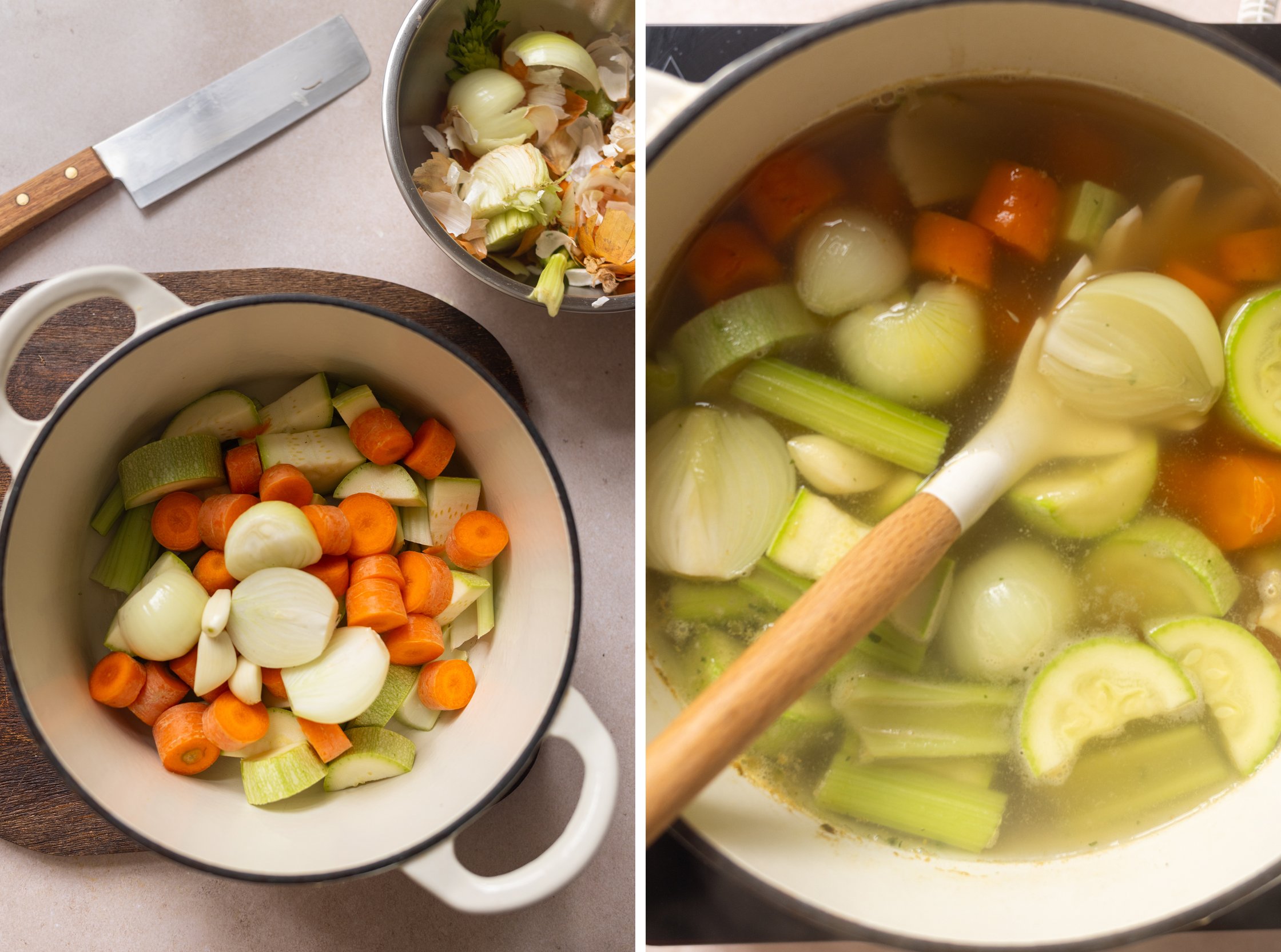 gemüse für vegane nudelsuppe a la pastina wird geschnitten und gekocht