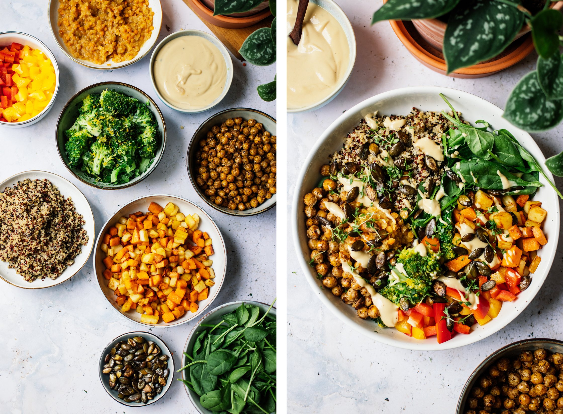 ingredients for Veggie Bowl with Quinoa, Lentils, Sesame Dressing, and Crispy Chickpeas