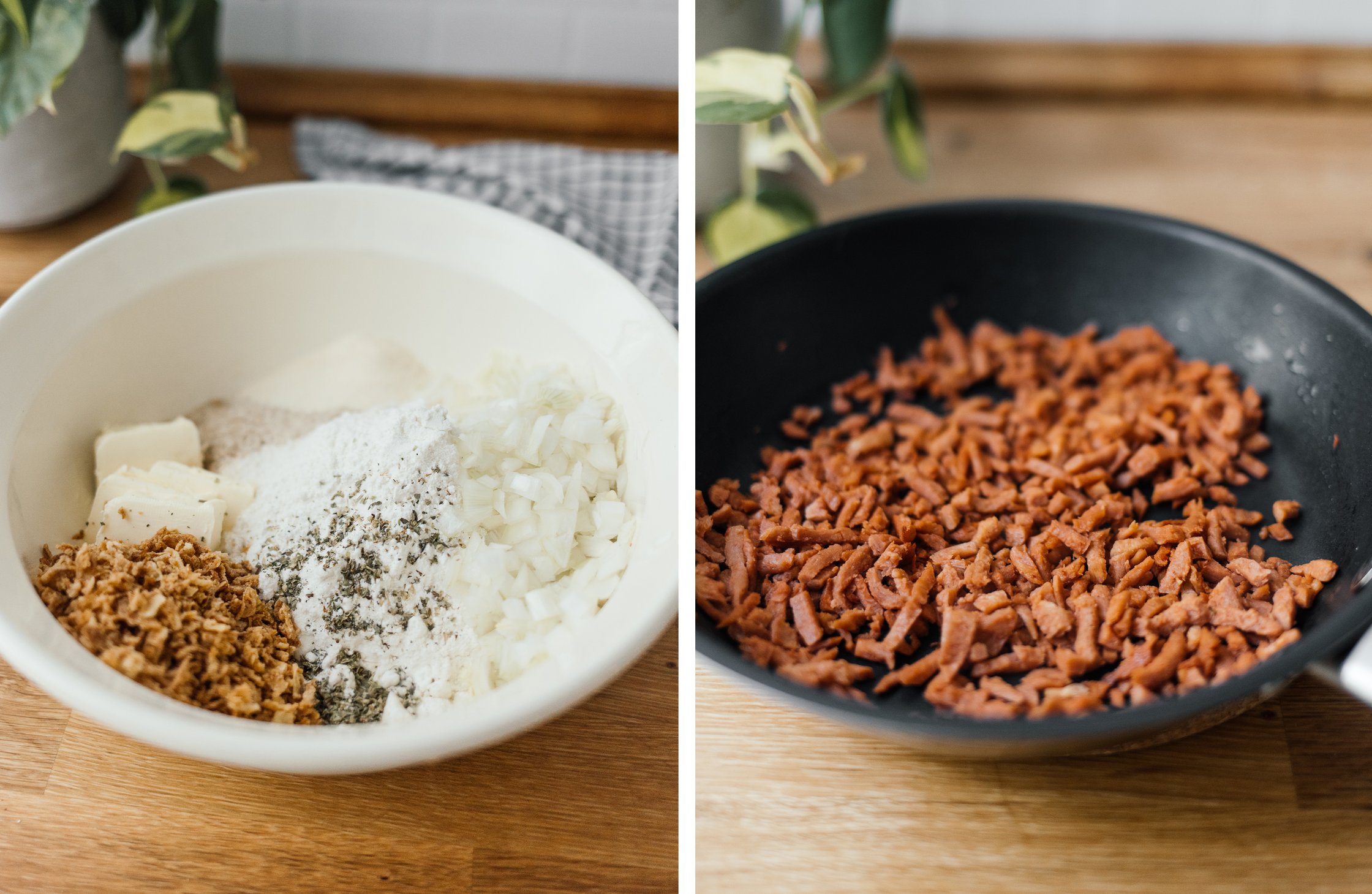 ingredients for the dough in a bowl; vegan fried bacon