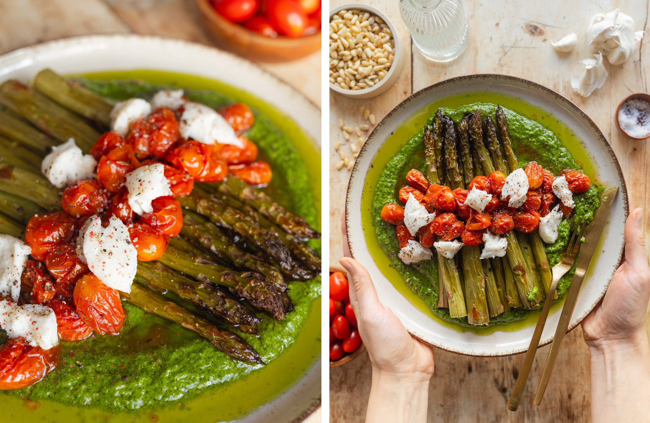baked green asparagus with tomatoes and mozzarella on a plate