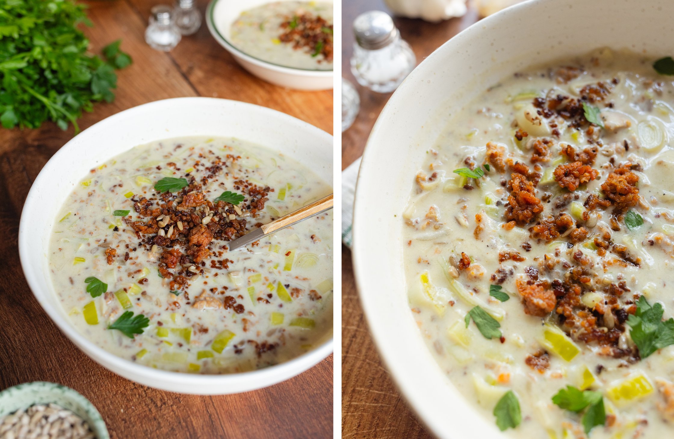 vegane Käse-Lauch-Suppe in einer Schüssel; Suppe in Nahaufnahme