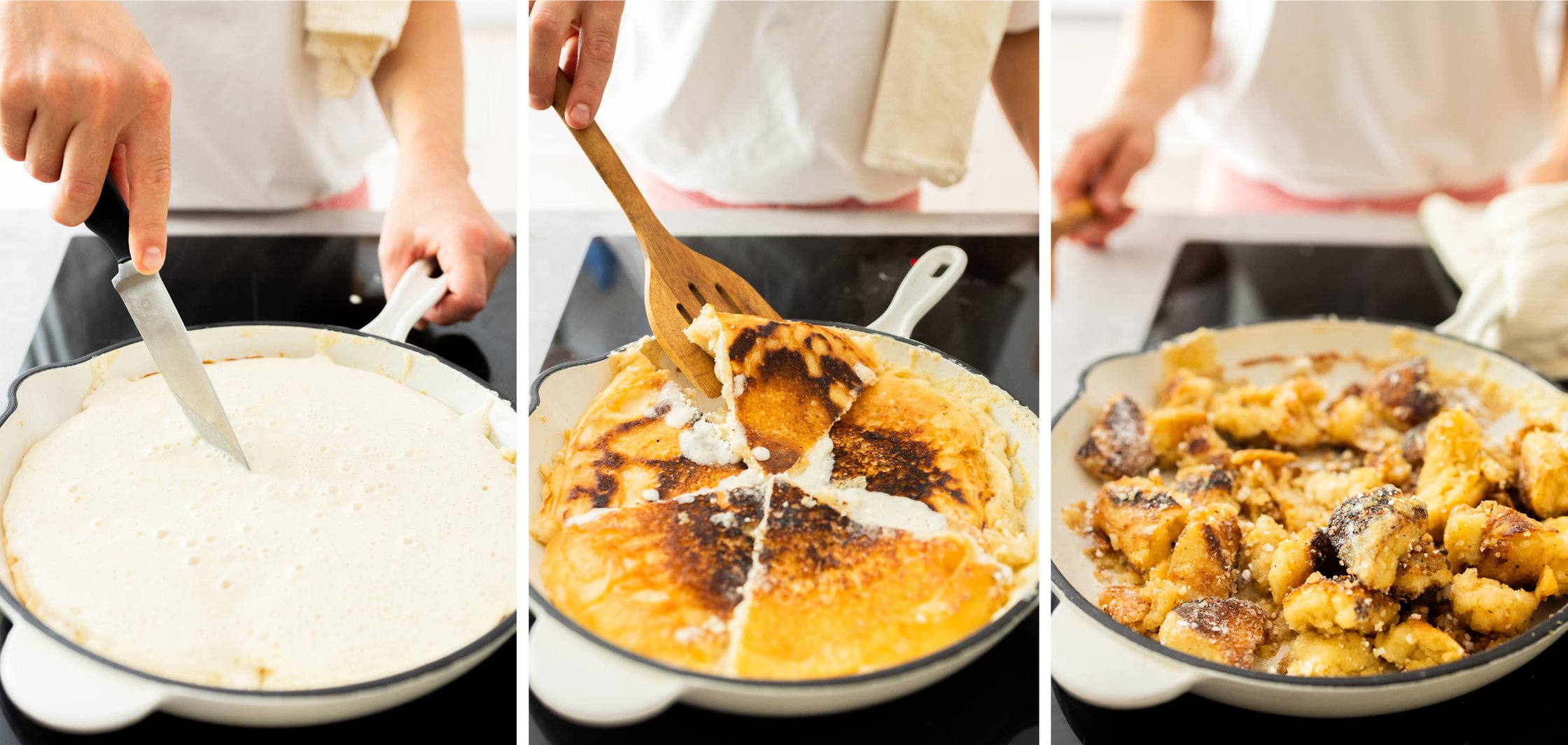 In the 3 pictures, the Kaiserschamarrn is first fried, then cut and sliced with a spatula.