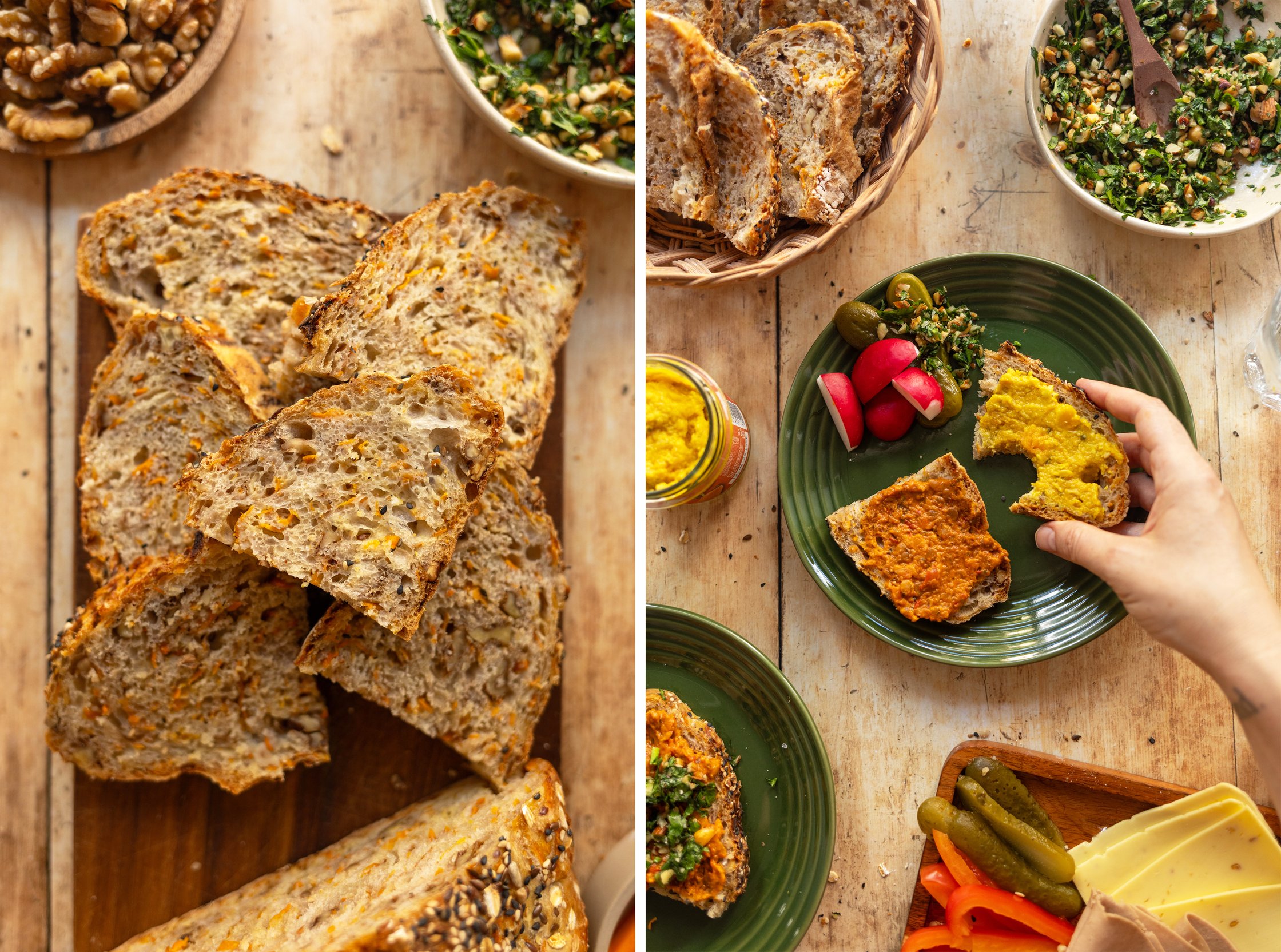 plate with two slices of No Knead Bread With Carrots and Walnuts with vegan spread