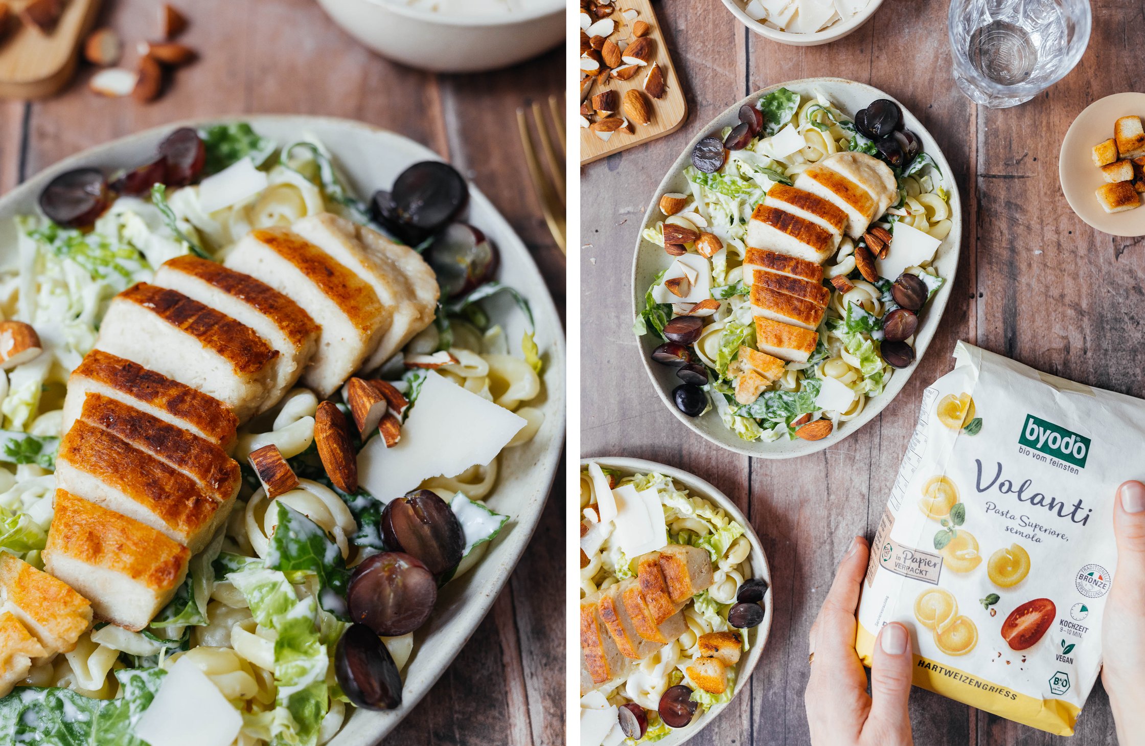 vegane Caesar Salad Pasta auf Tellern angerichtet