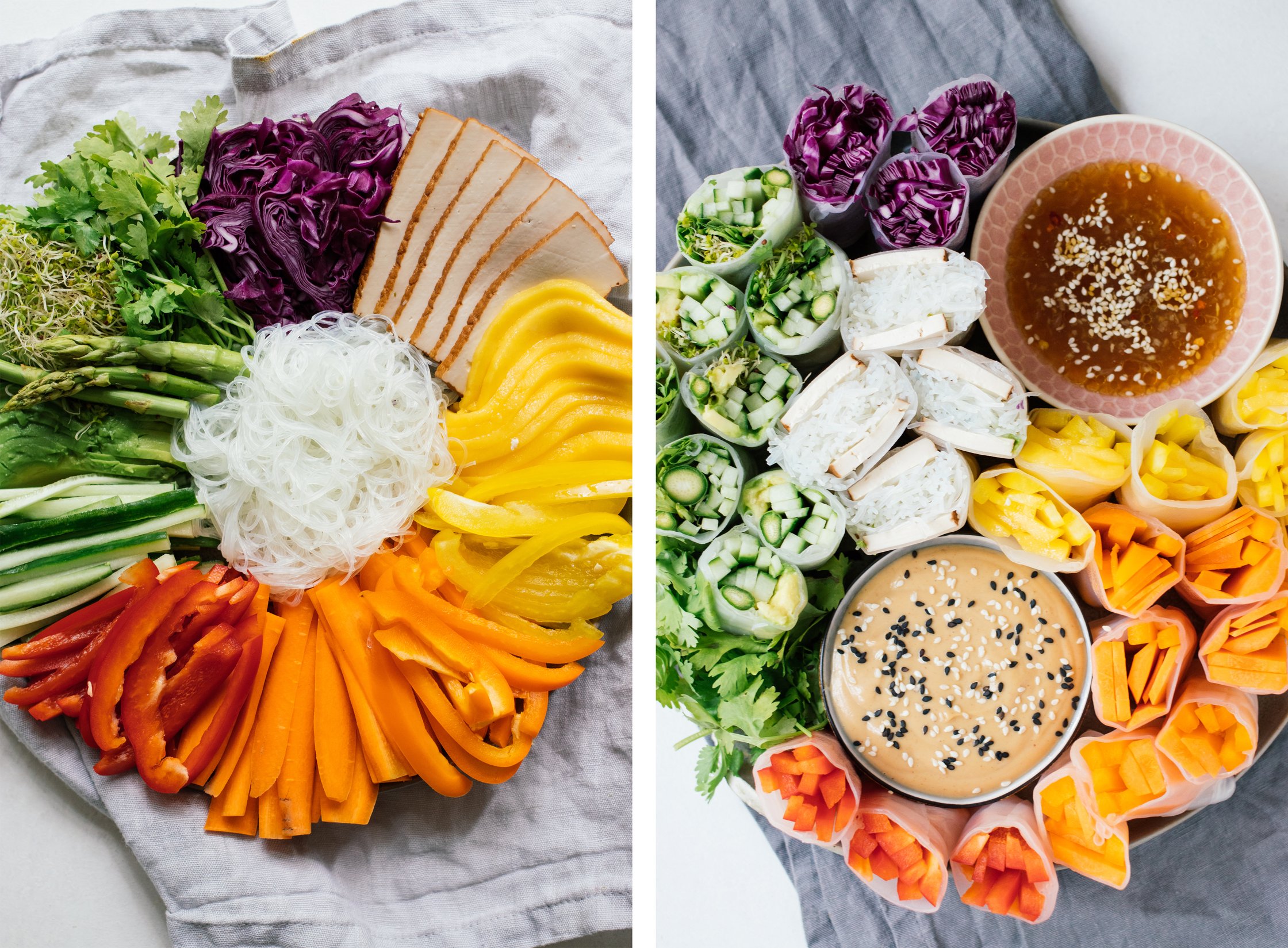 vegan summer rolls before and after rolling