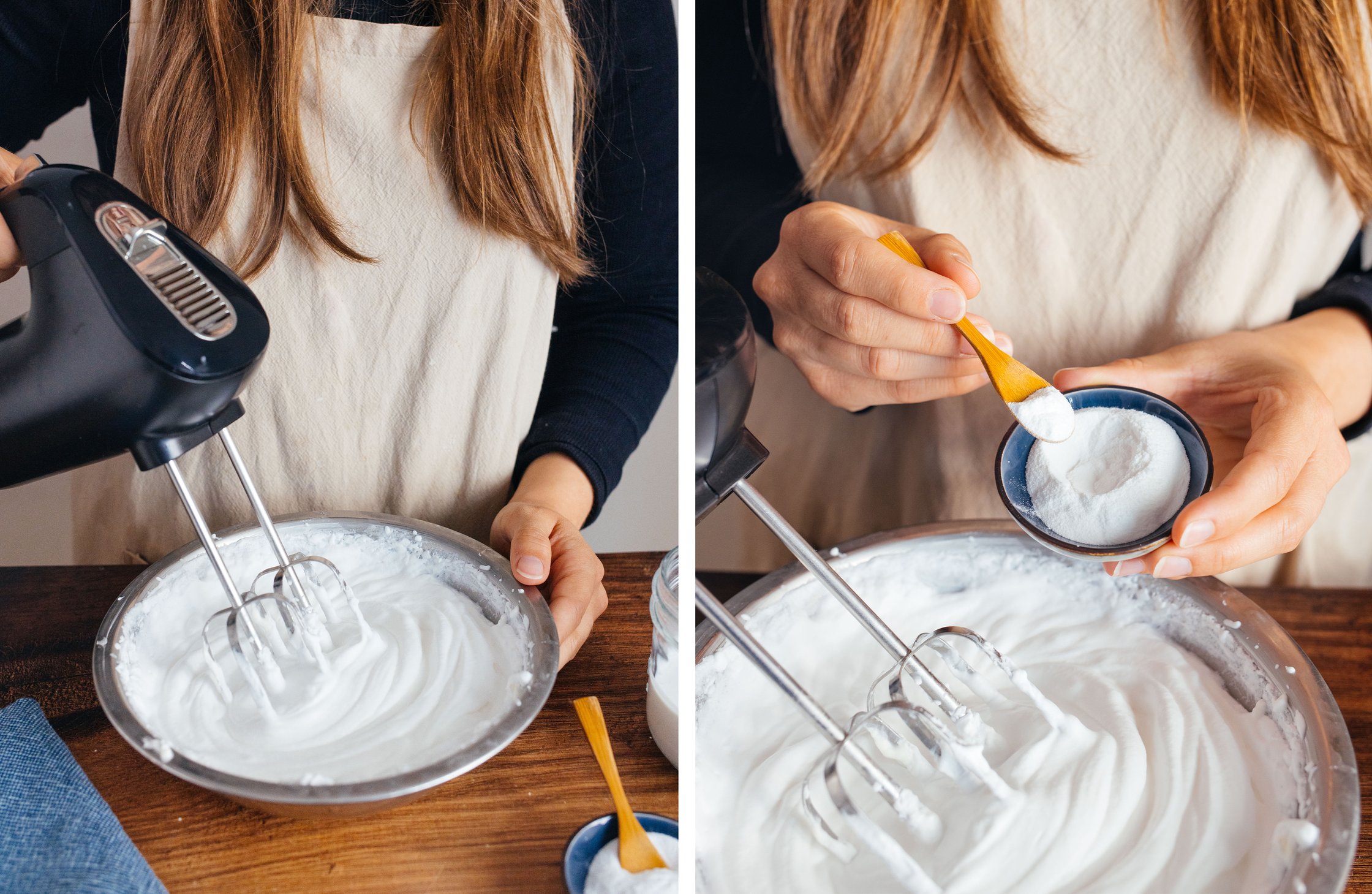 whipping vegan cream with a hand mixer; adding cream stiffener to the cream