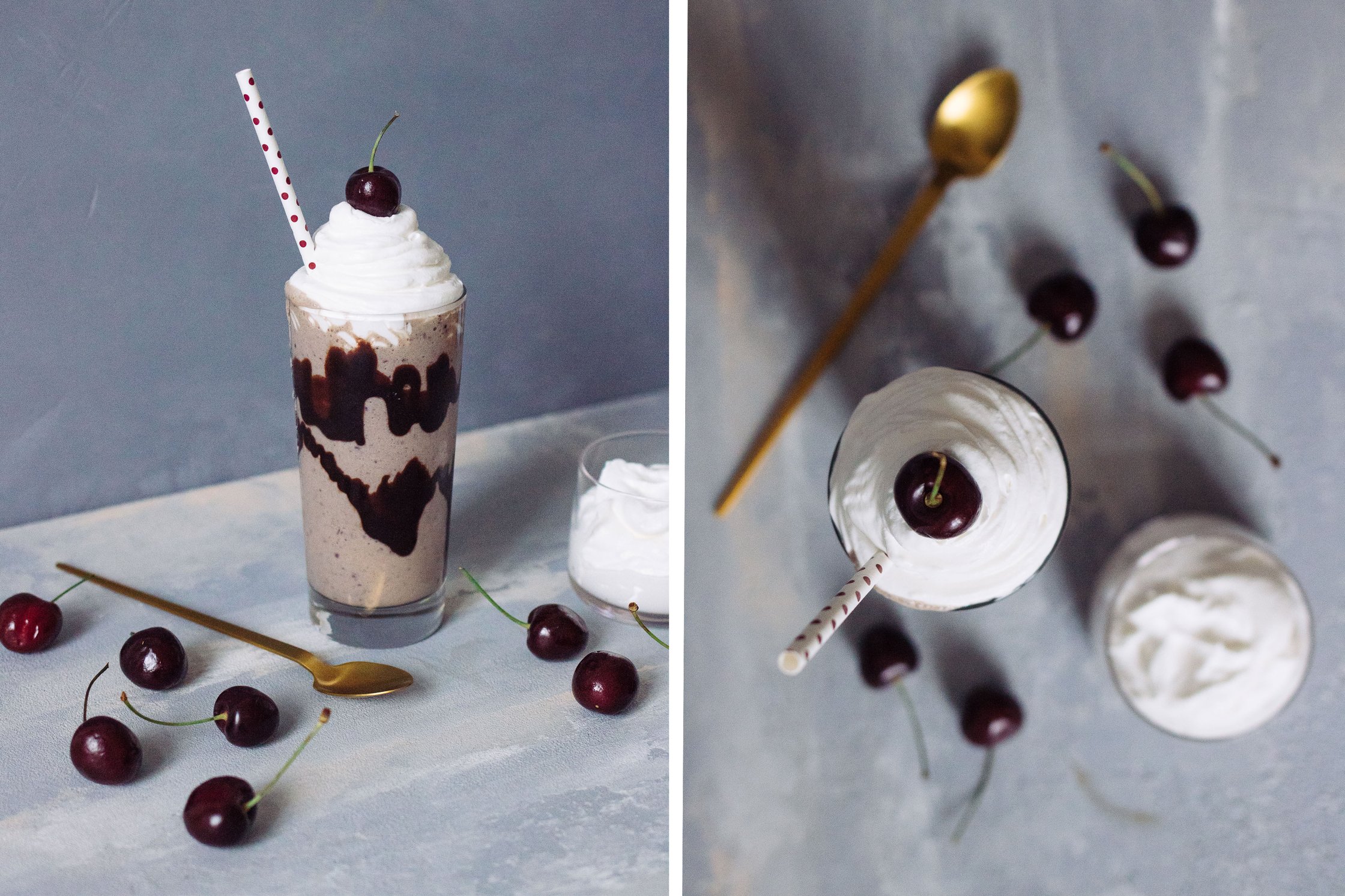 Michshake mit Sahne und Kirsche von oben fotografiert