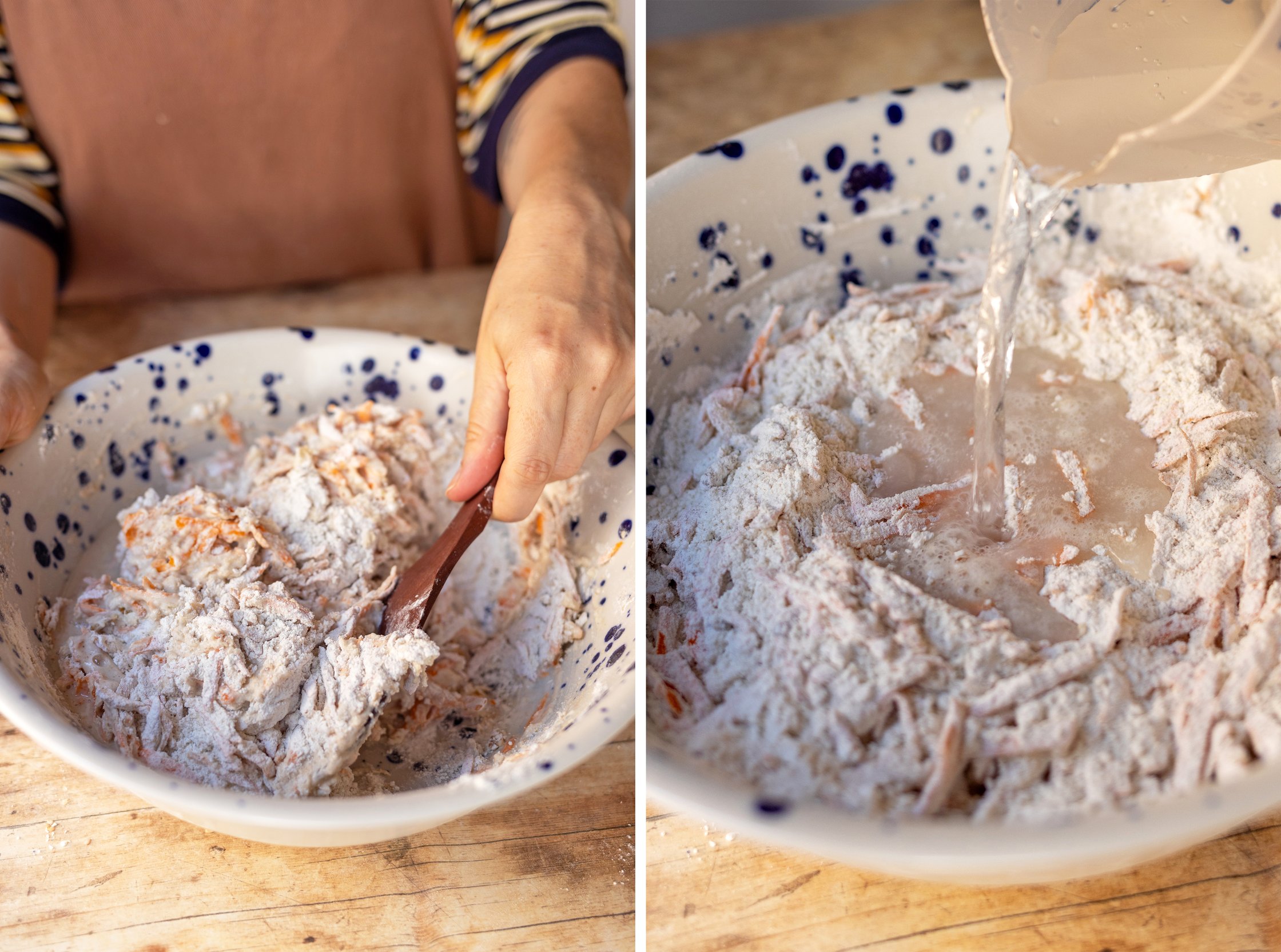 preparing dough for No Knead Bread With Carrots and Walnuts