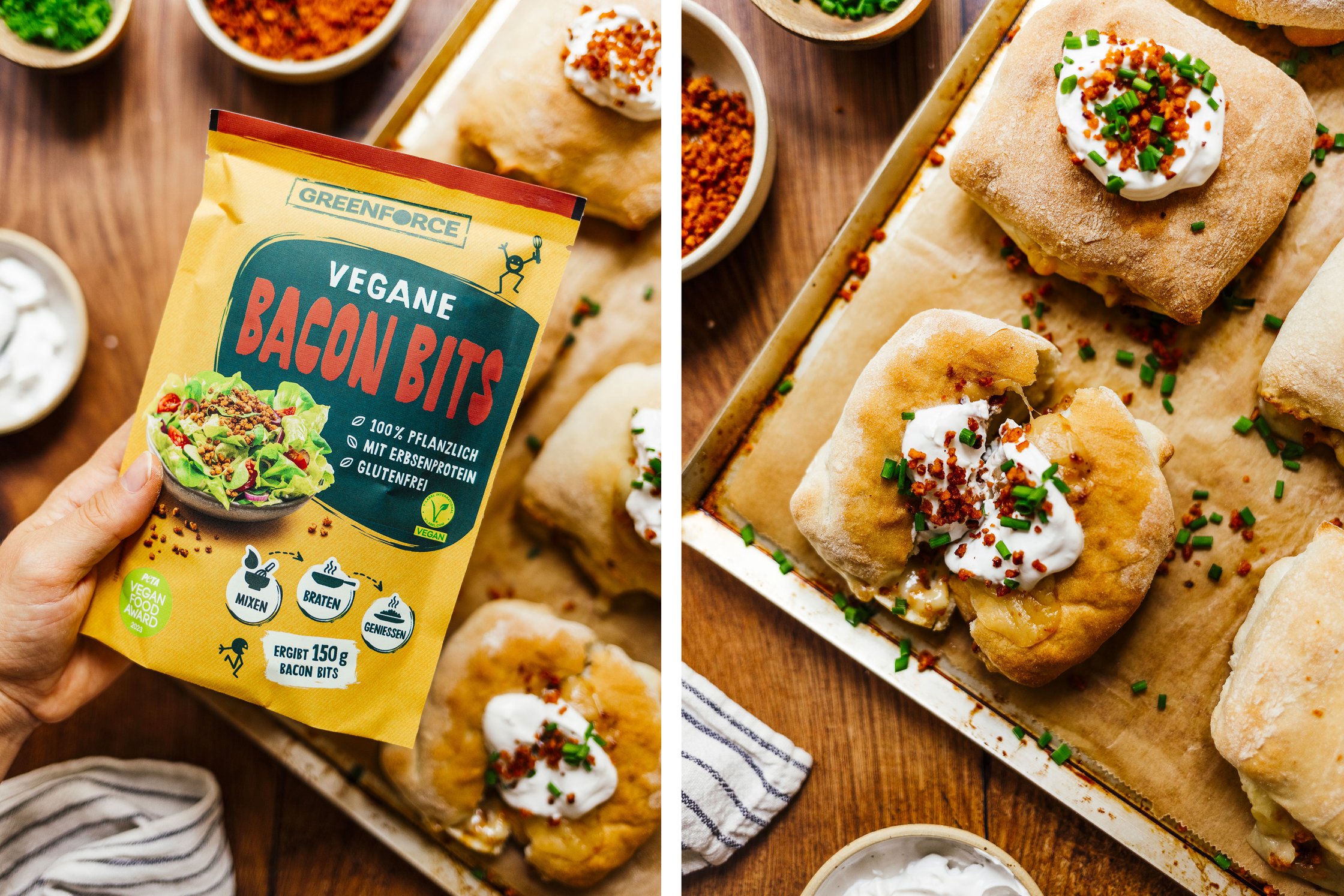 Gebackenes veganes Handbrot mit Sour Cream Topping und Schnittlauch