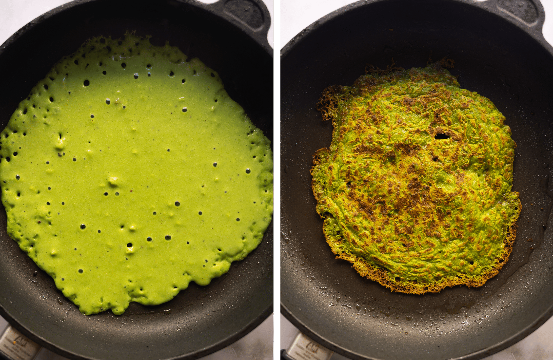Grüne Erbsenpfannkuchen in der Pfanne