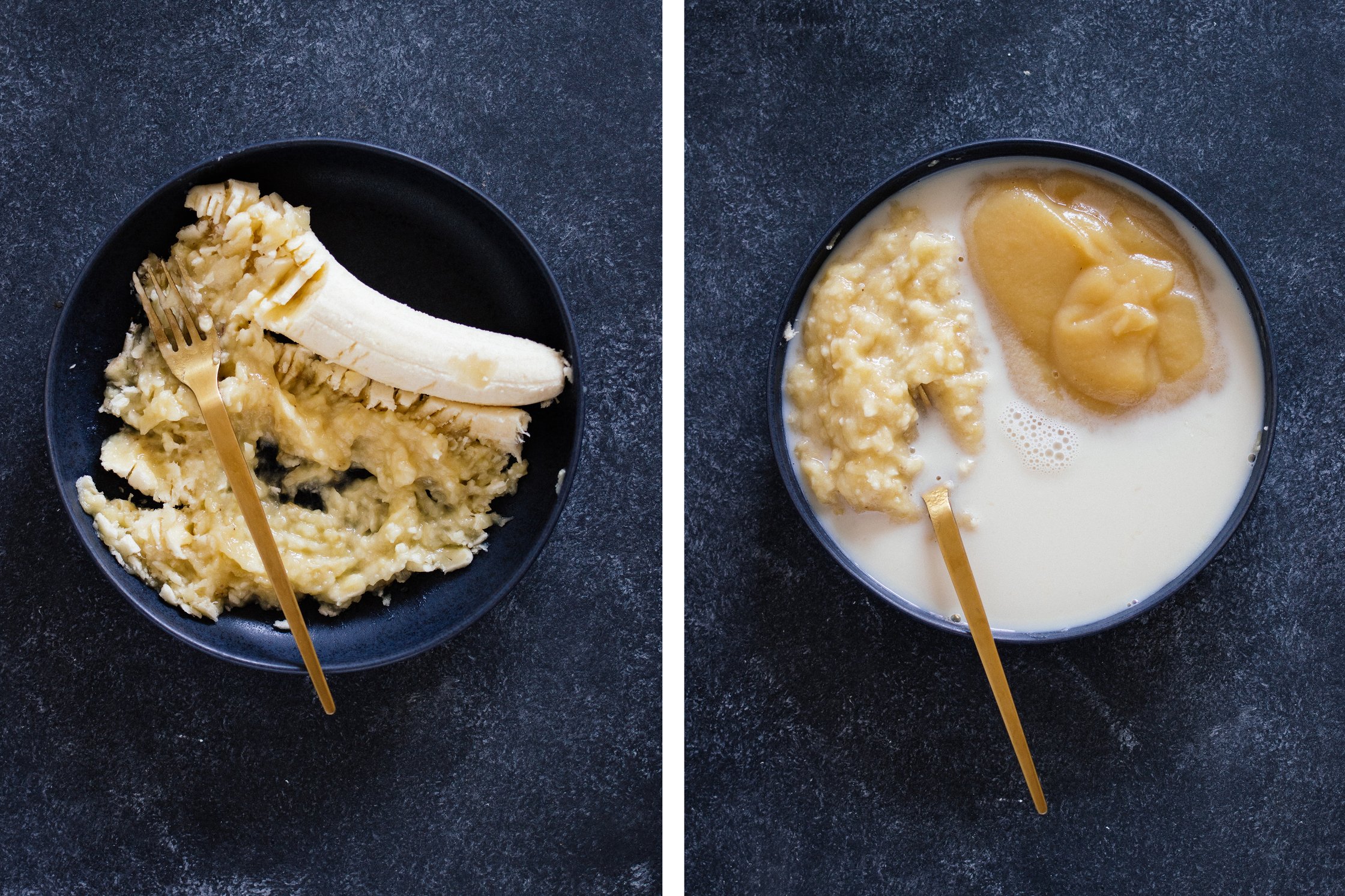 vegane Banane wird mit einer Gabel zerdrückt