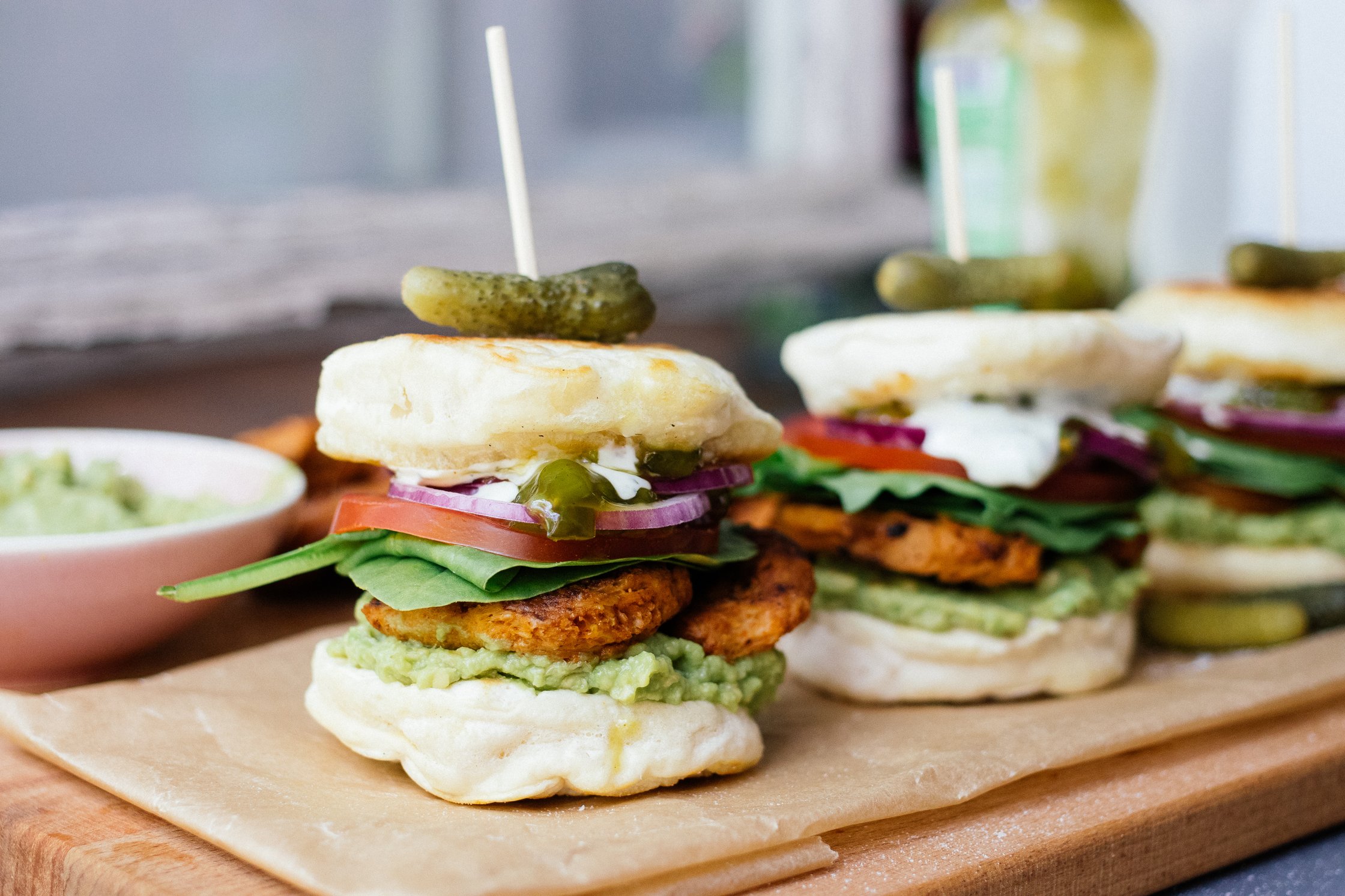 vegan burger with pancakes stuffed with soy steak