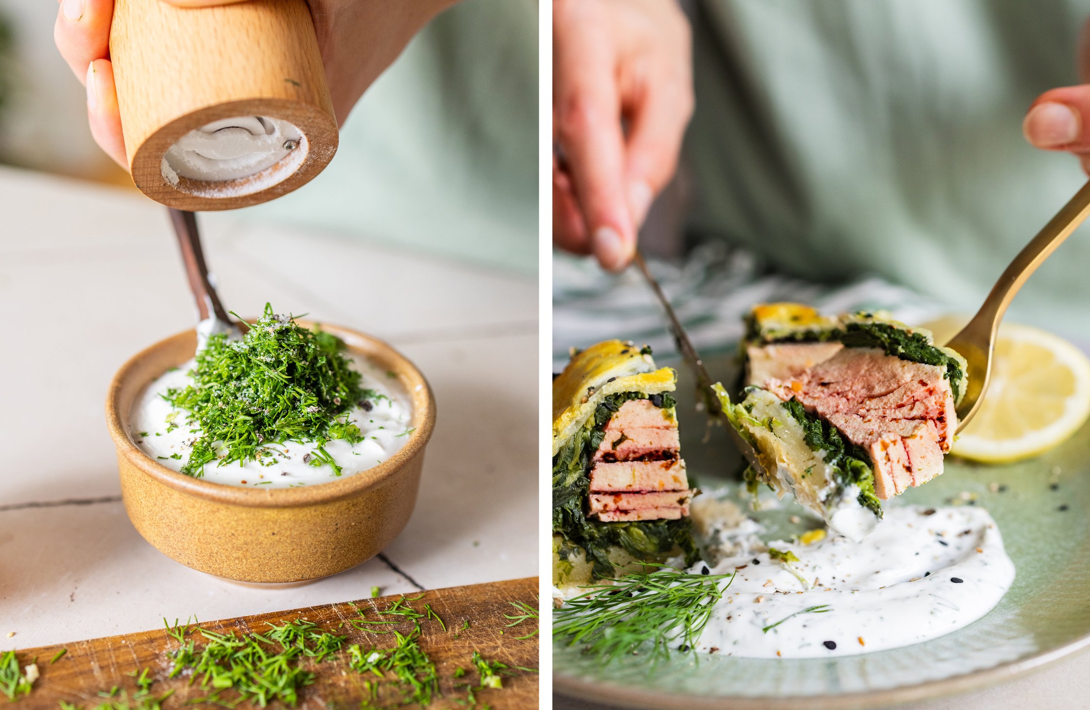 Here we see the herb dip and a cut piece of the spinach roll.