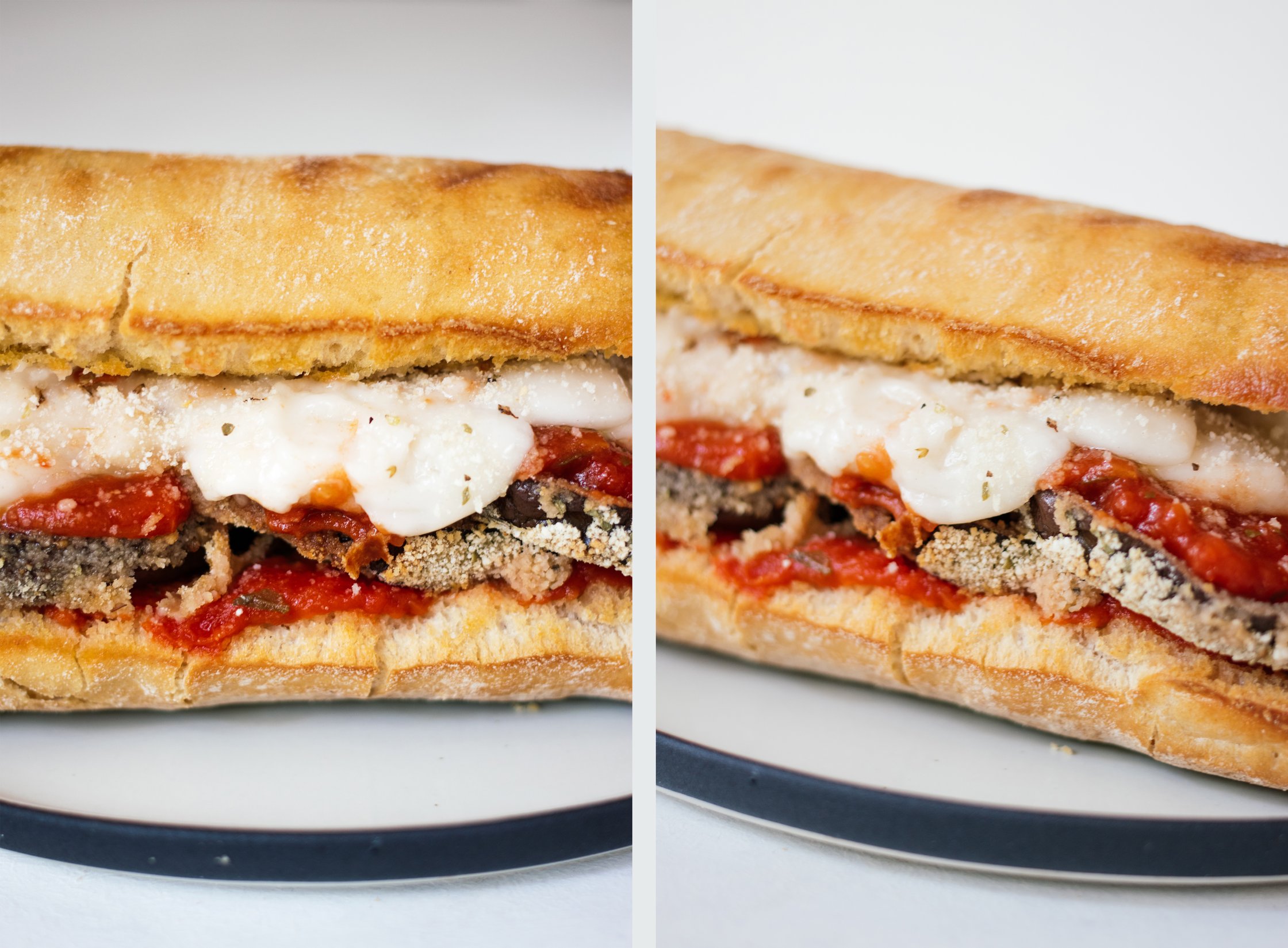 nahaufnahme von Veganem Eggplant auberginen Parm Sandwich