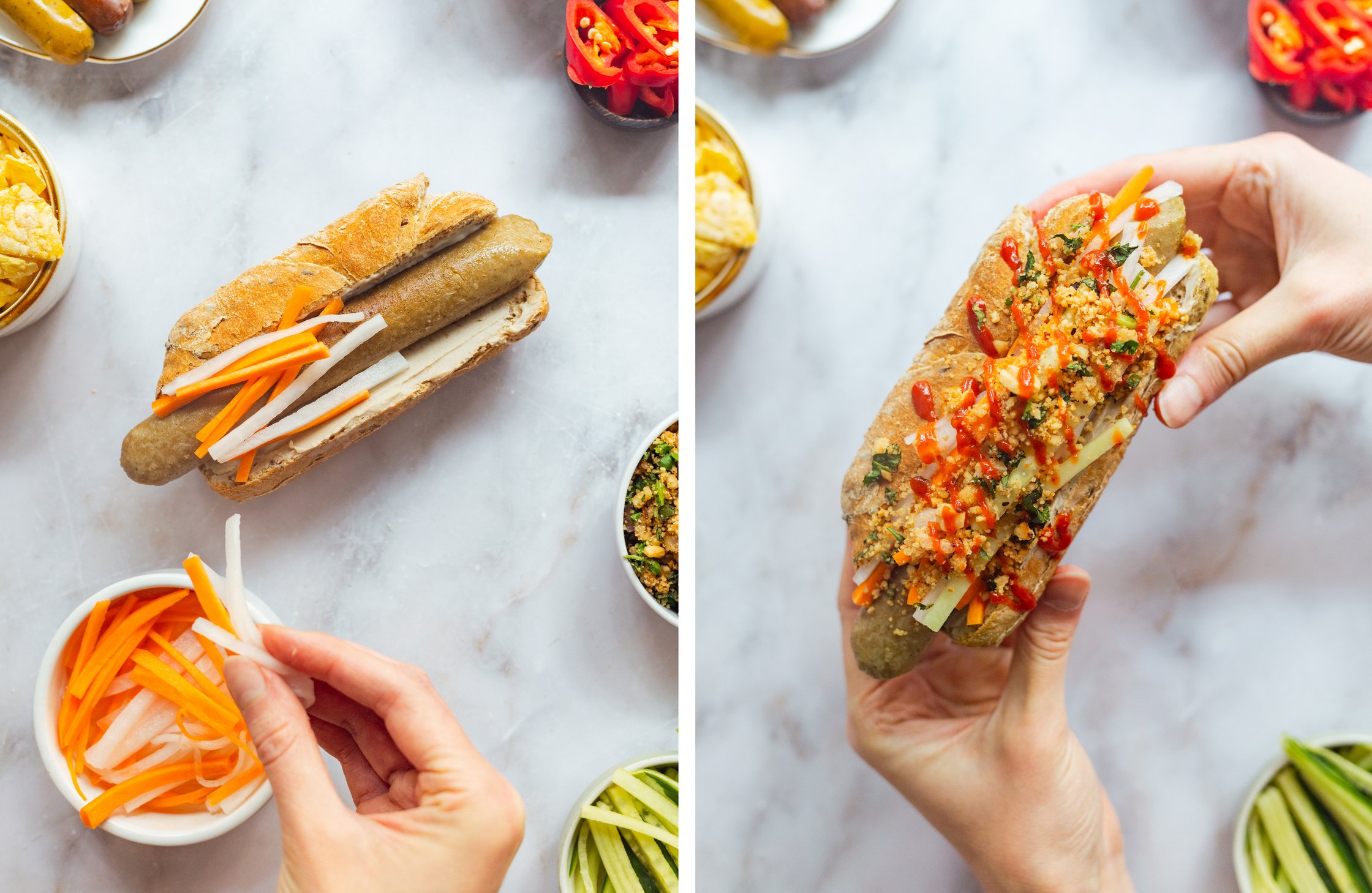 Idee zwei: Banh Mi Style mit eingelegtem Gemüse, Sriracha und Koriander