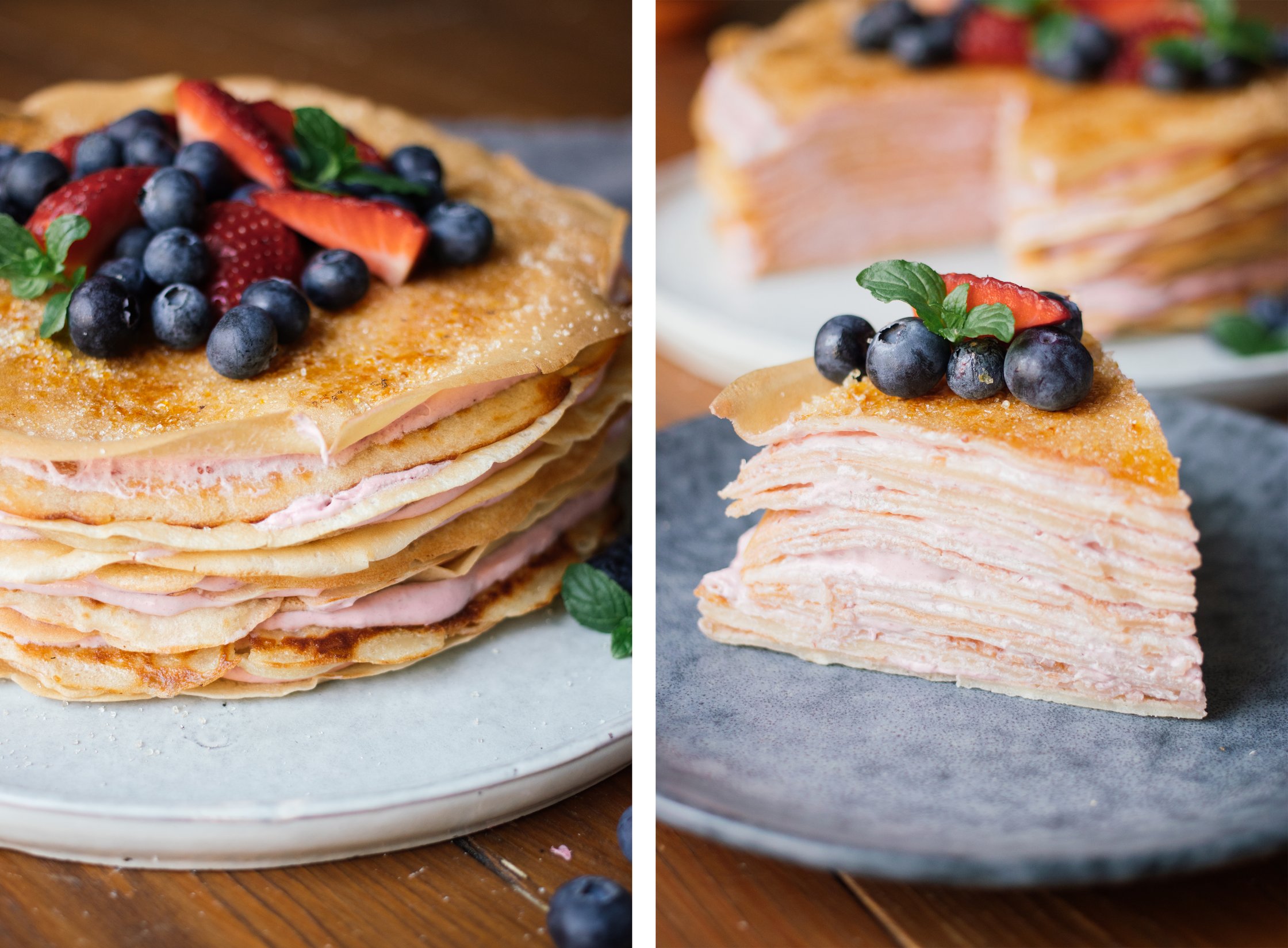 Vegan crêpe cake with strawberries on plates