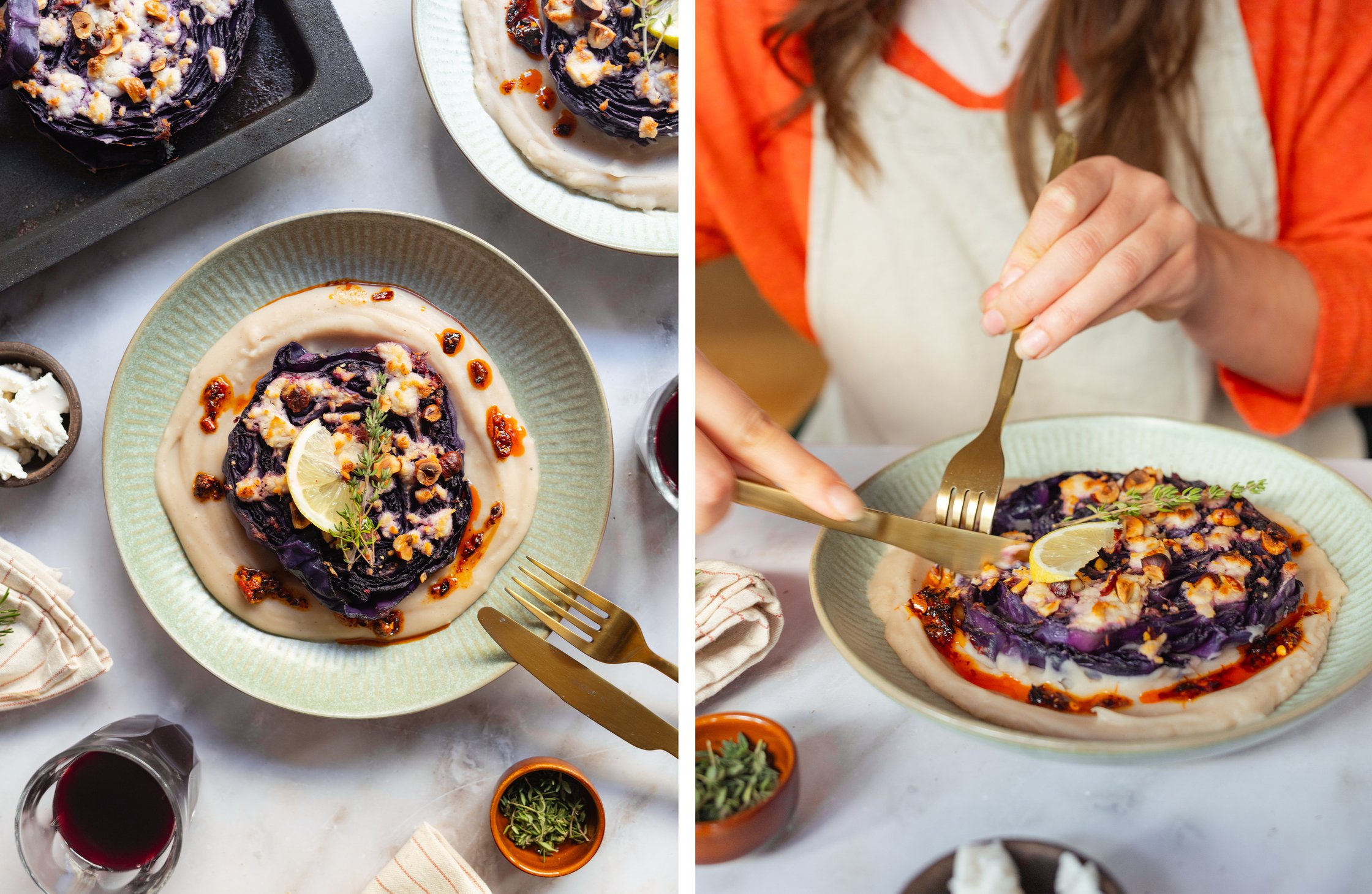 red cabbage steaks served on a plate with white bean puree