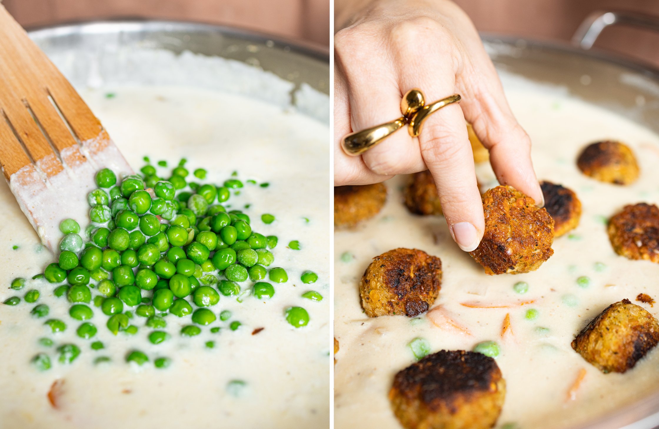 Zweigeteiltes Bild mit dem Vikingertopf nach dem Hinzufügen von Erbsen (links) und den veganen Hackbällchen, die hinzugefügt