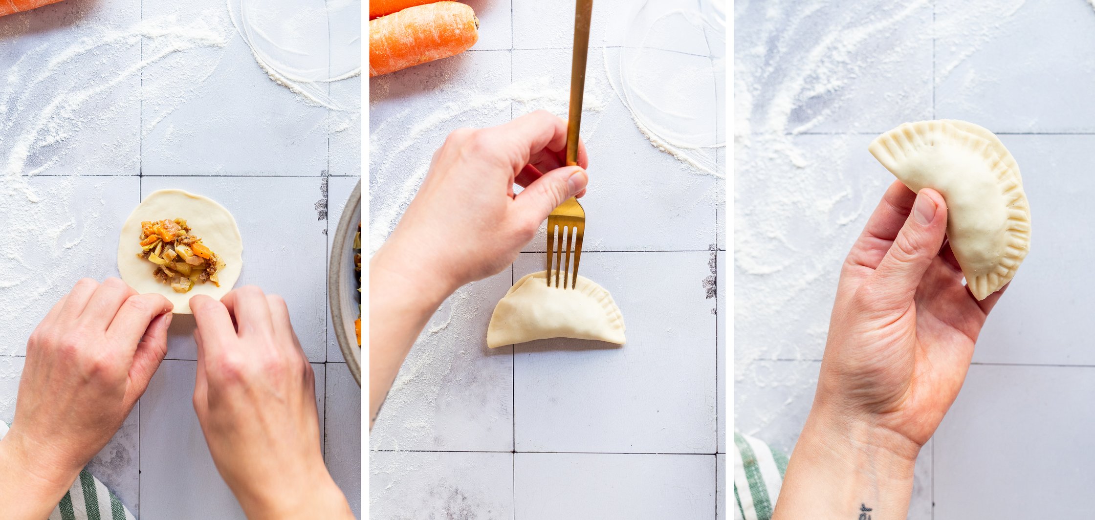 Now shape the dumplings with your hands and a fork.