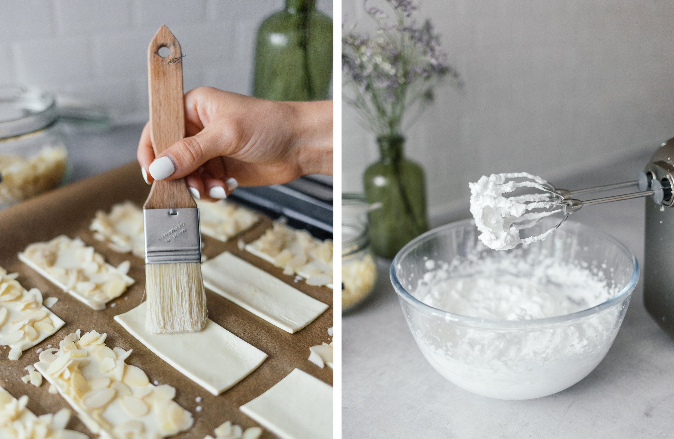 Blätterteigstücke mit pflanzlicher Milch und Mandeln; vegane Sahne