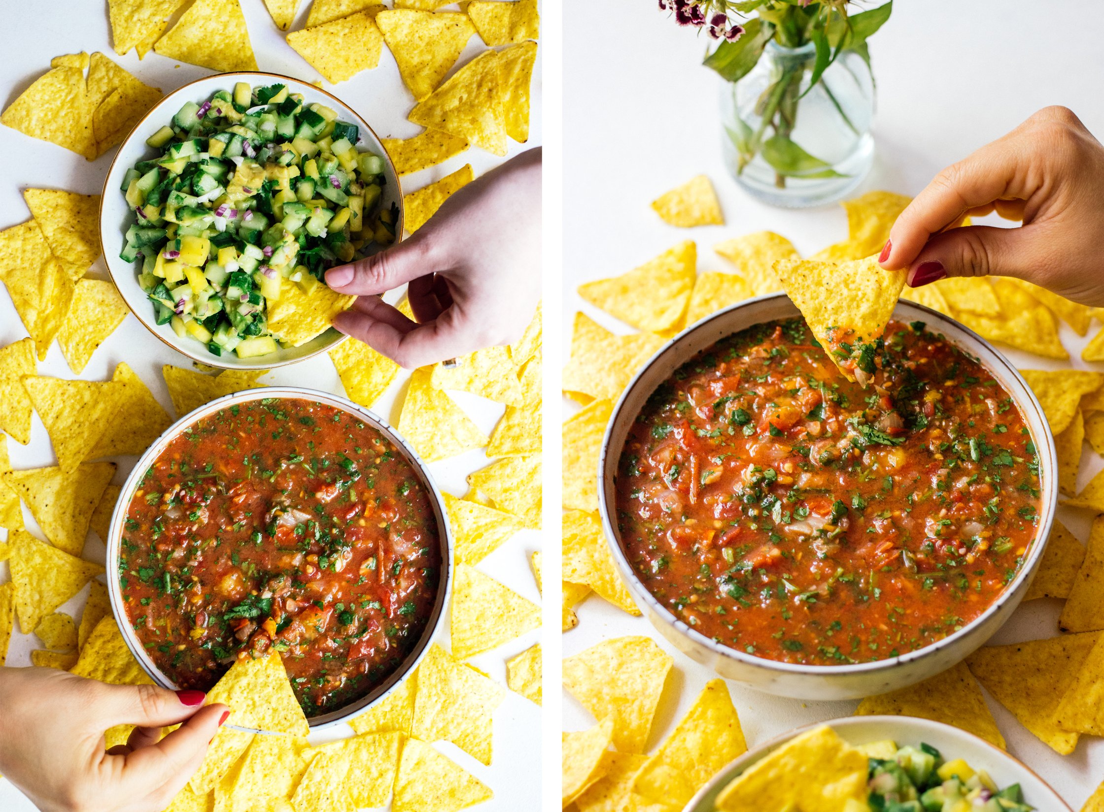 dipping tortilla chips in salsa