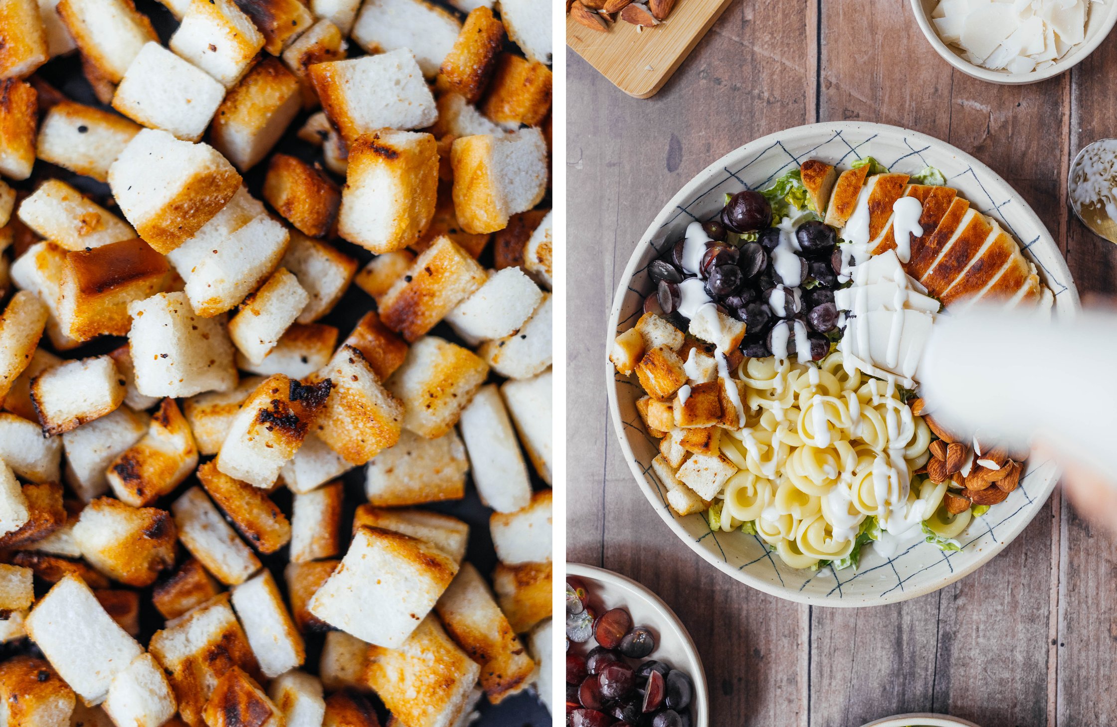 in Öl gebratene Croutons; Dressing über vegane Caesar Salad Pasta geben
