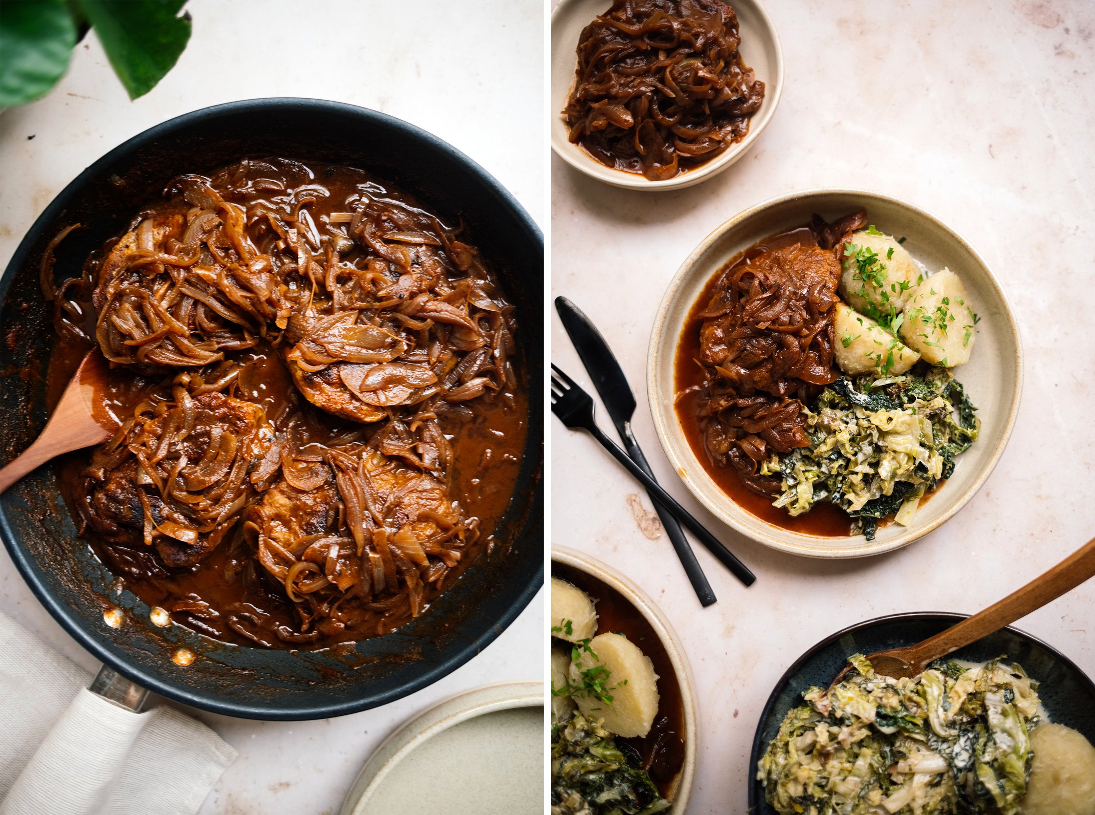 veganer Zwiebelrostseitan zwiebelrostbraten in der pfanne