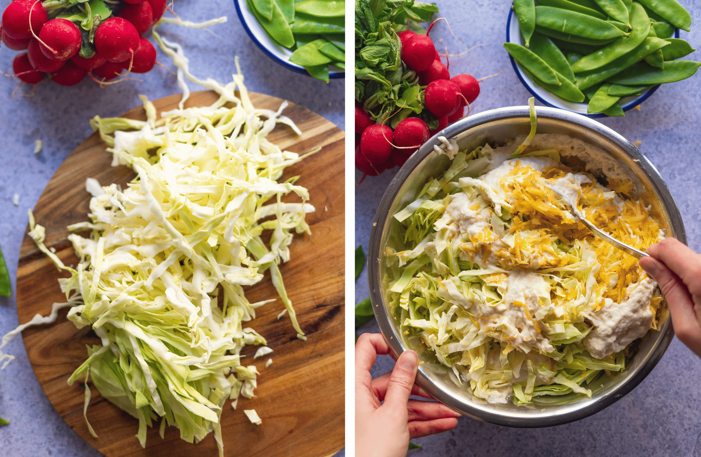 Spitzkohl-Rösti mit Sour Cream und Radieschen-Gurken-Zuckerschoten-Salat