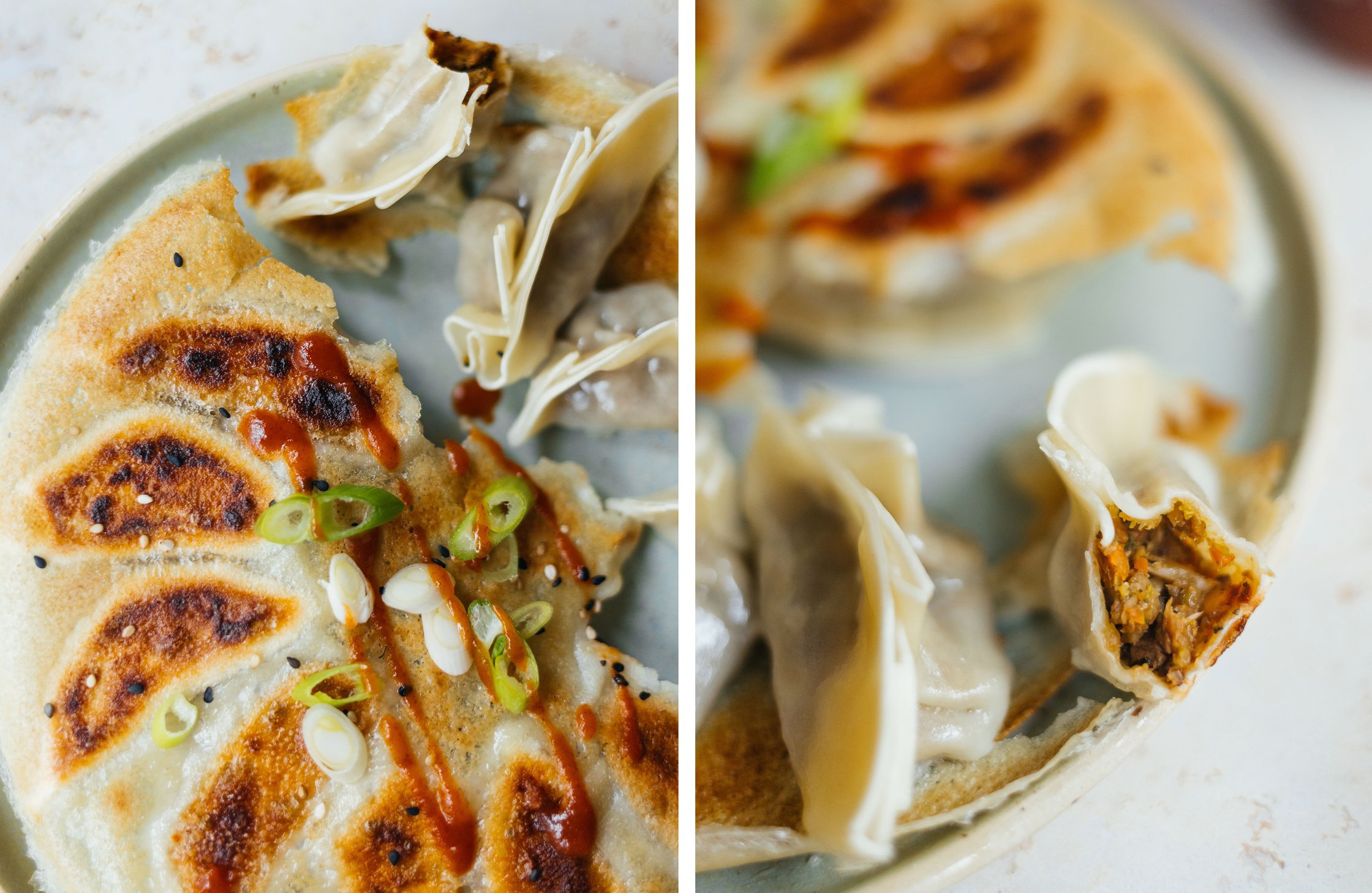vegan dumplings with crunchy base on a plate; dumpling cut in half